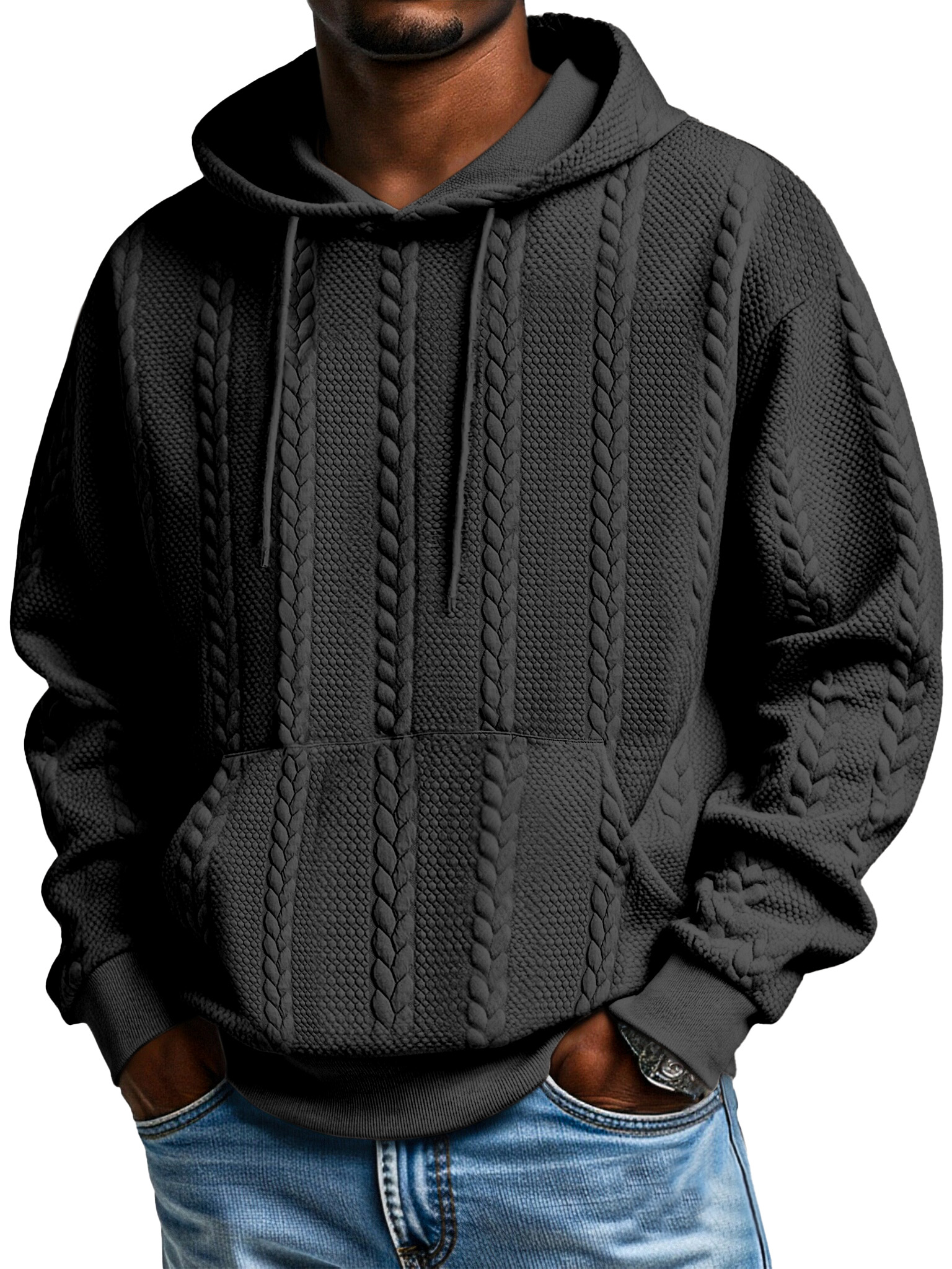 Herren Sweatshirt mit Kapuze und langen Ärmeln in einfarbigem Jacquard-Design mit Kängurutasche-ZierMode