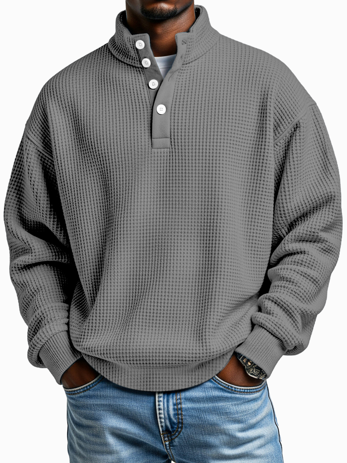 Täglicher einfacher lässiger einfarbiger Waffelstruktur Langarm-Sweatshirt mit vier Knöpfen und Stehkragen-ZierMode
