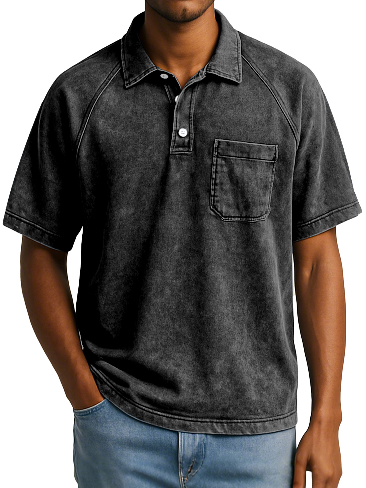 Herren Retro Freizeit Raglan Kurzarm Kragen Knopf Polohemd-deurabatt