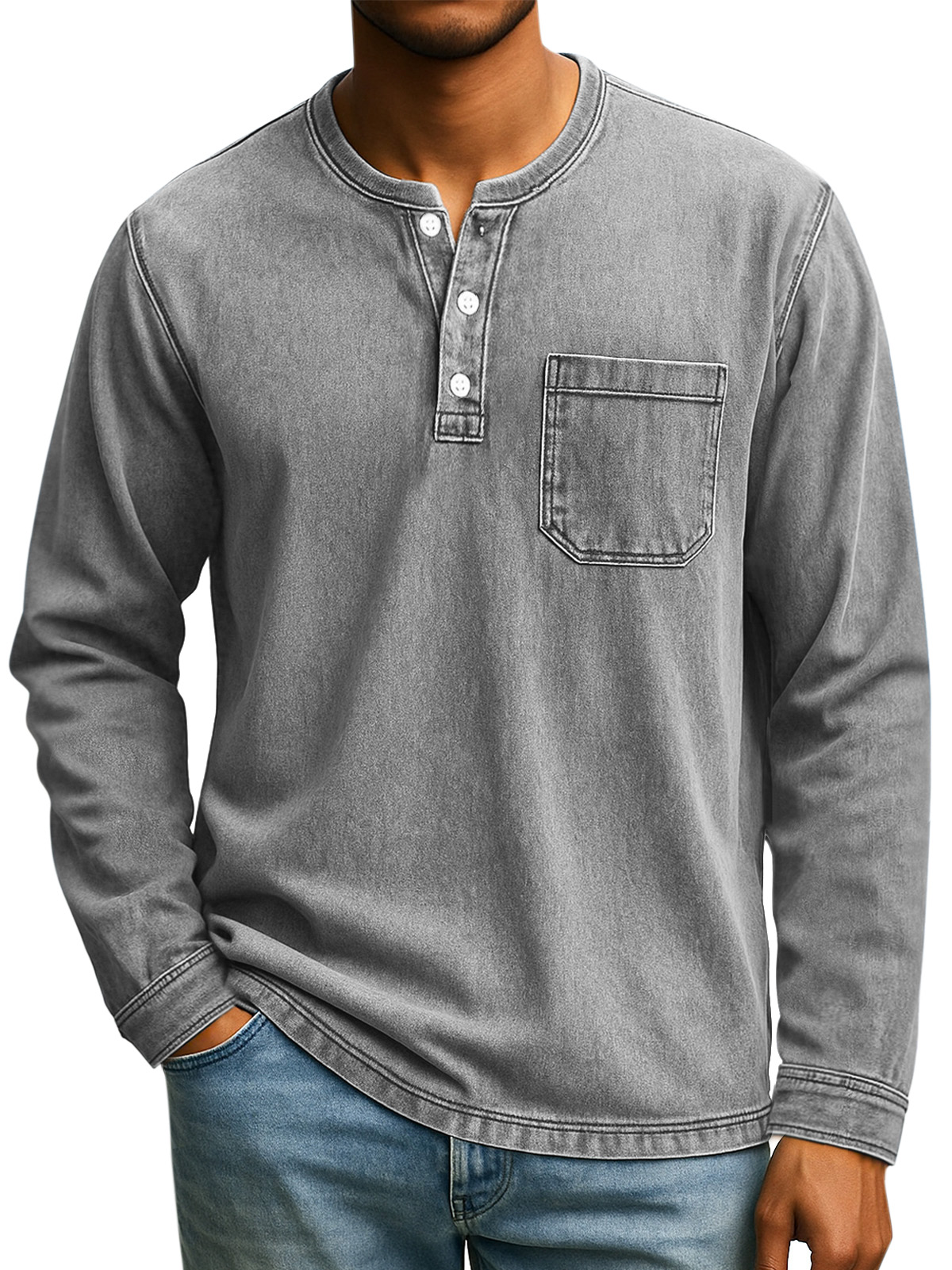 Herren Retro Alltag Lässiges Einfarbiges Lockeres Langarm-Henley-Shirt-deurabatt