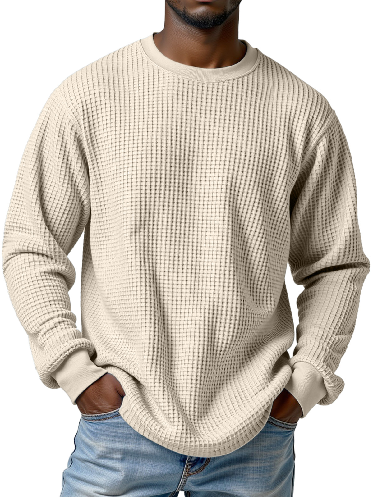 Herren Freizeit Einfarbiger Waffel Rundhals Langarm T-Shirt-deurabatt