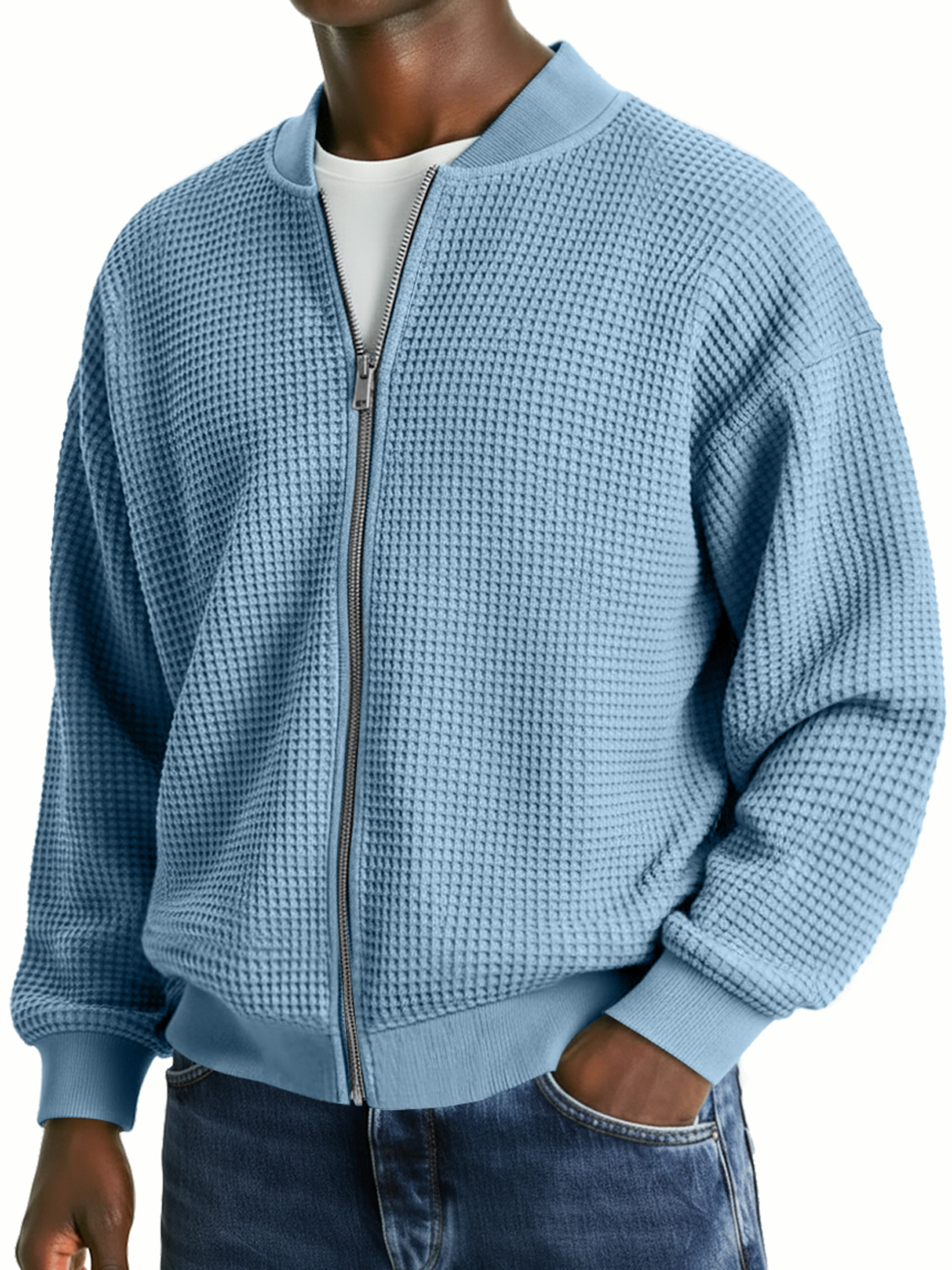 Herren-Waffelstrickjacke, lässig, locker, mit Reißverschluss-deurabatt