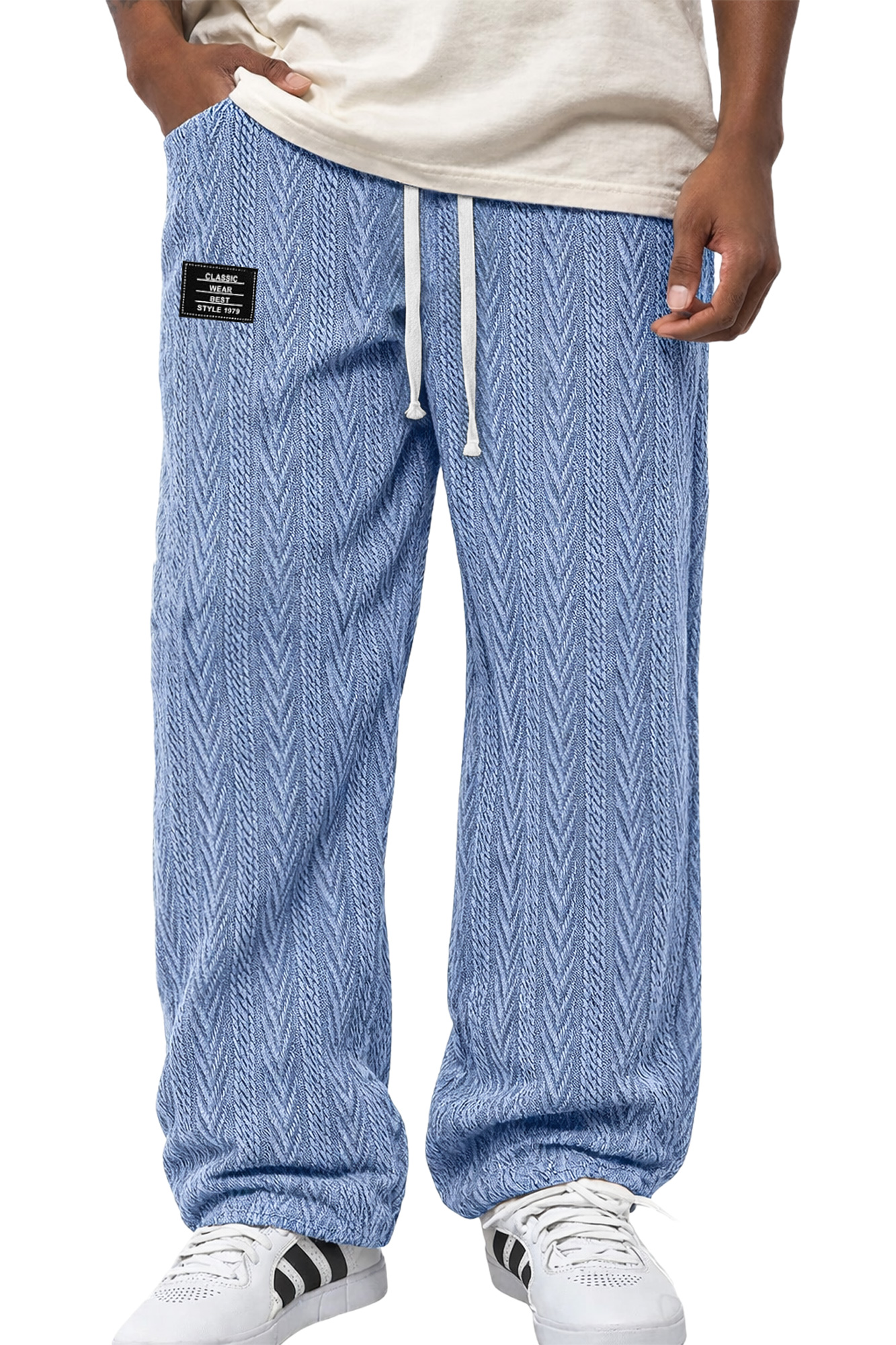 Herren Freizeit Jacquard Strukturierte Bestickte Logo Elastischer Bund Lockere Hose-deurabatt