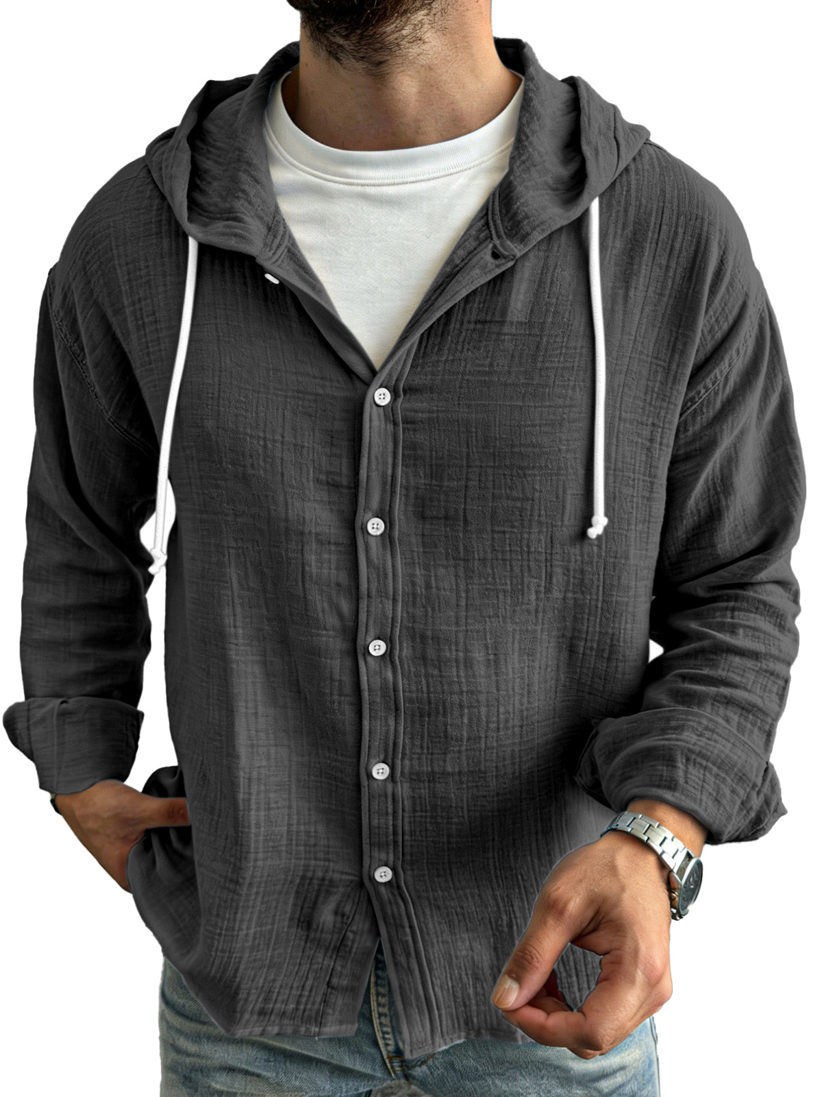 Herren einfache lässige bequeme lockere knöpfbare Kapuzenlangarmshirt-deurabatt