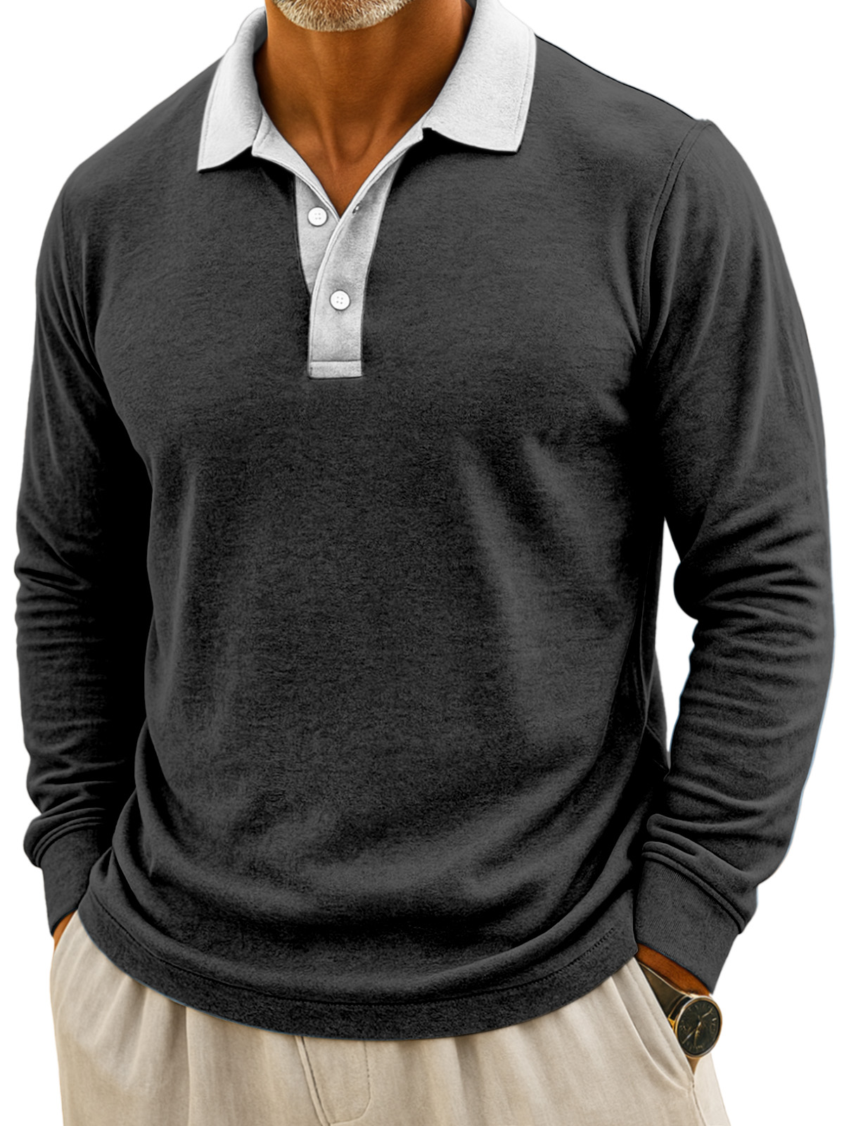 Herren Einfaches Lässiges Farbblockdesign Knopf Langarm Polohemd-deurabatt