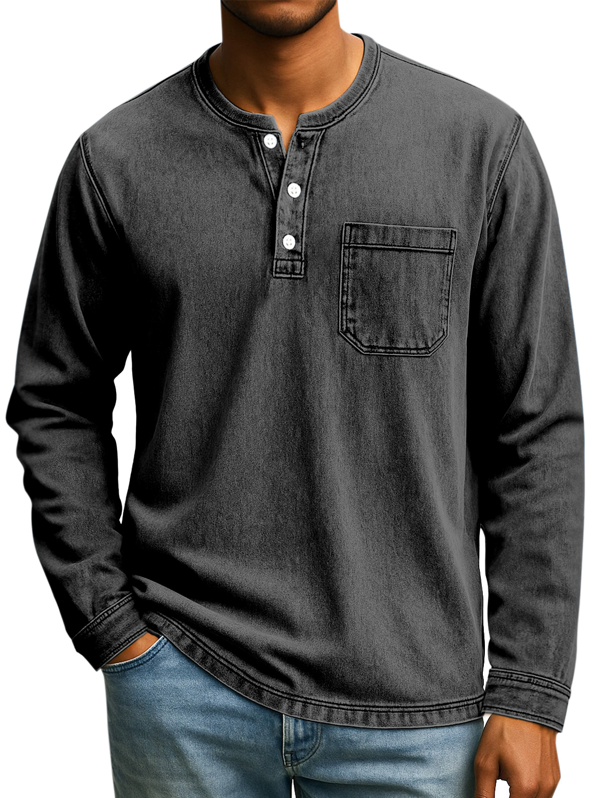 Herren Retro Alltag Lässiges Einfarbiges Lockeres Langarm-Henley-Shirt-deurabatt