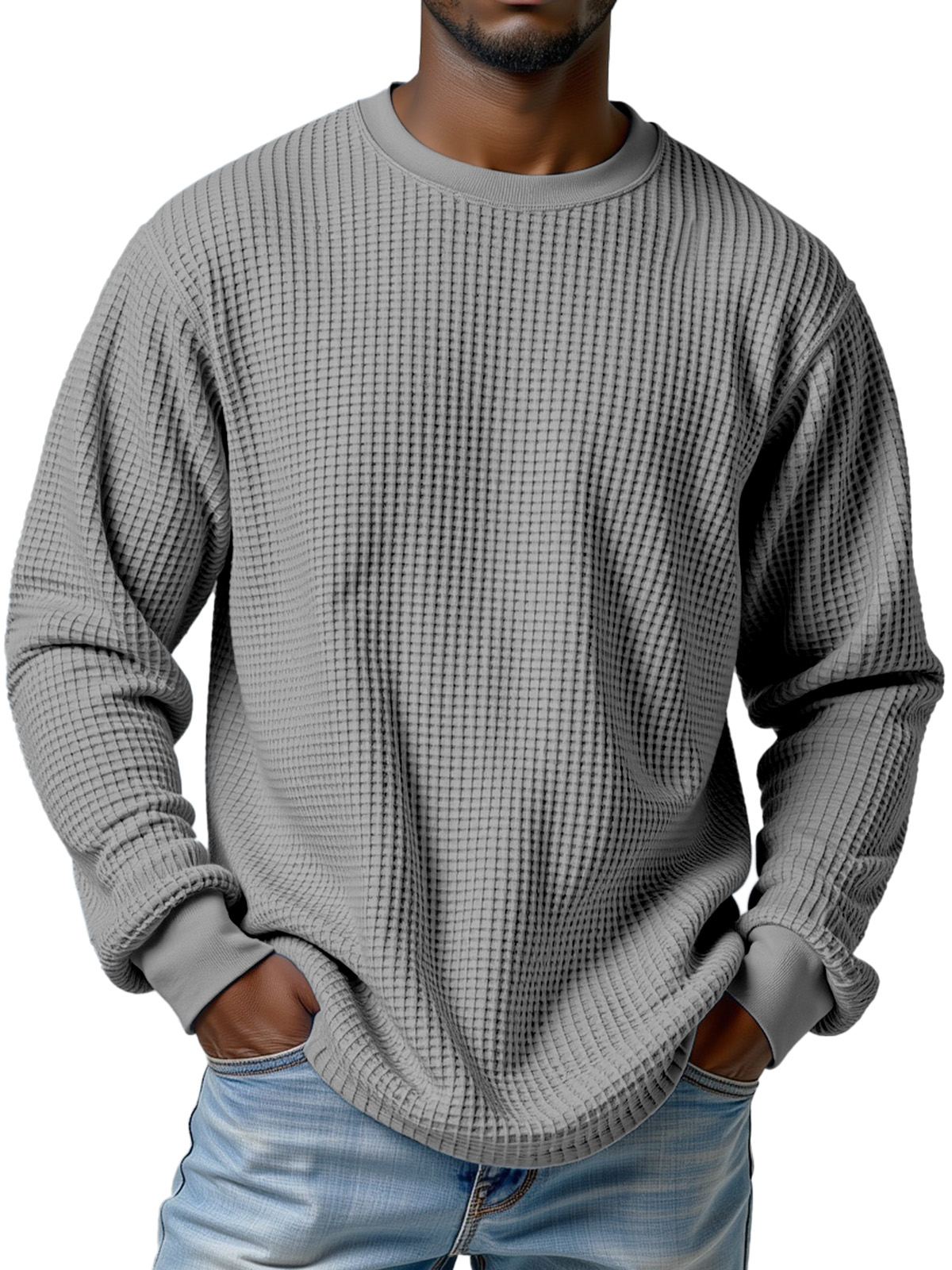 Herren Freizeit Einfarbiger Waffel Rundhals Langarm T-Shirt-deurabatt