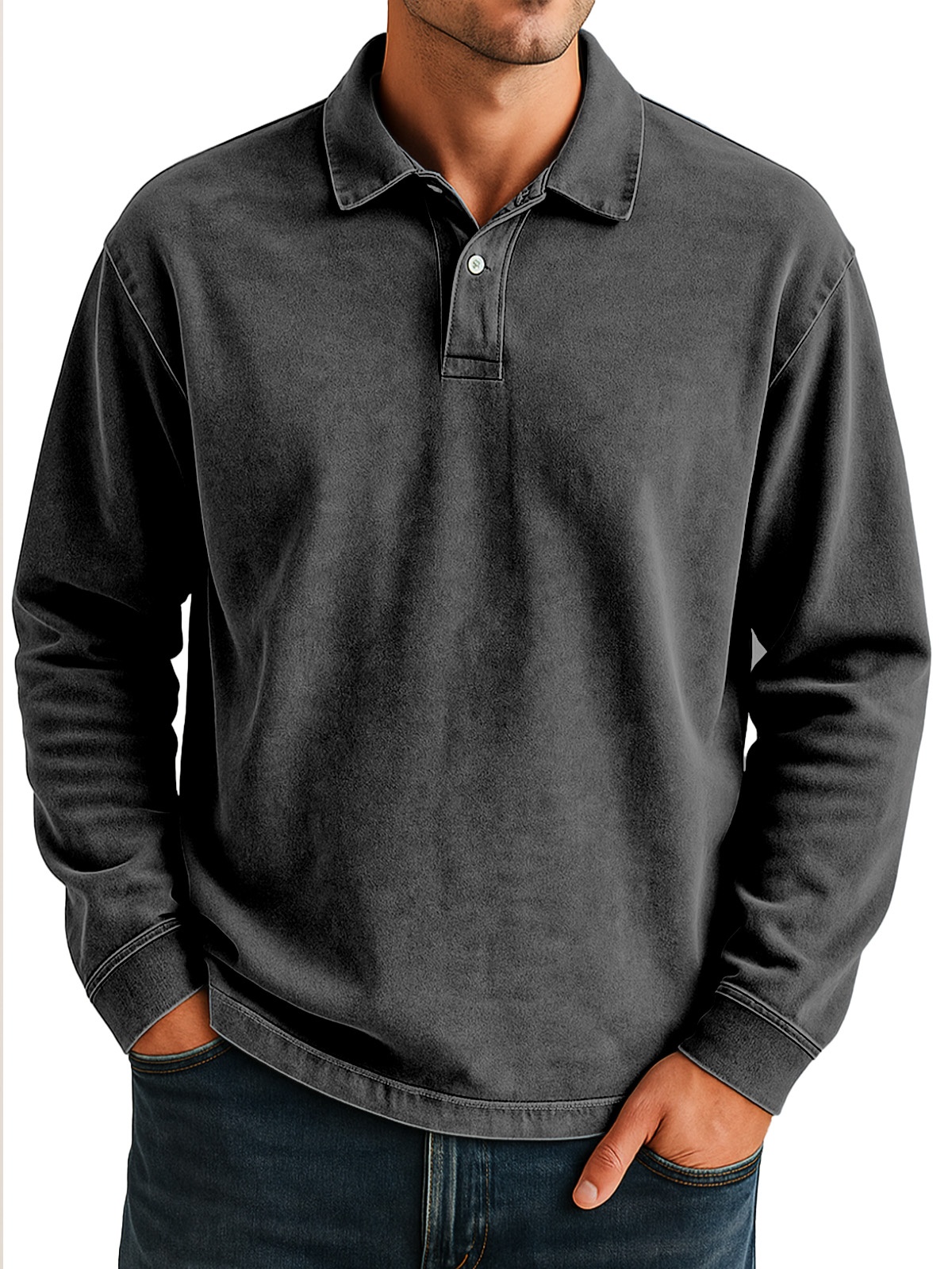 Herren Retro Alltag Lässig Einfarbig Locker Langarm Lar Polo Shirt-deurabatt