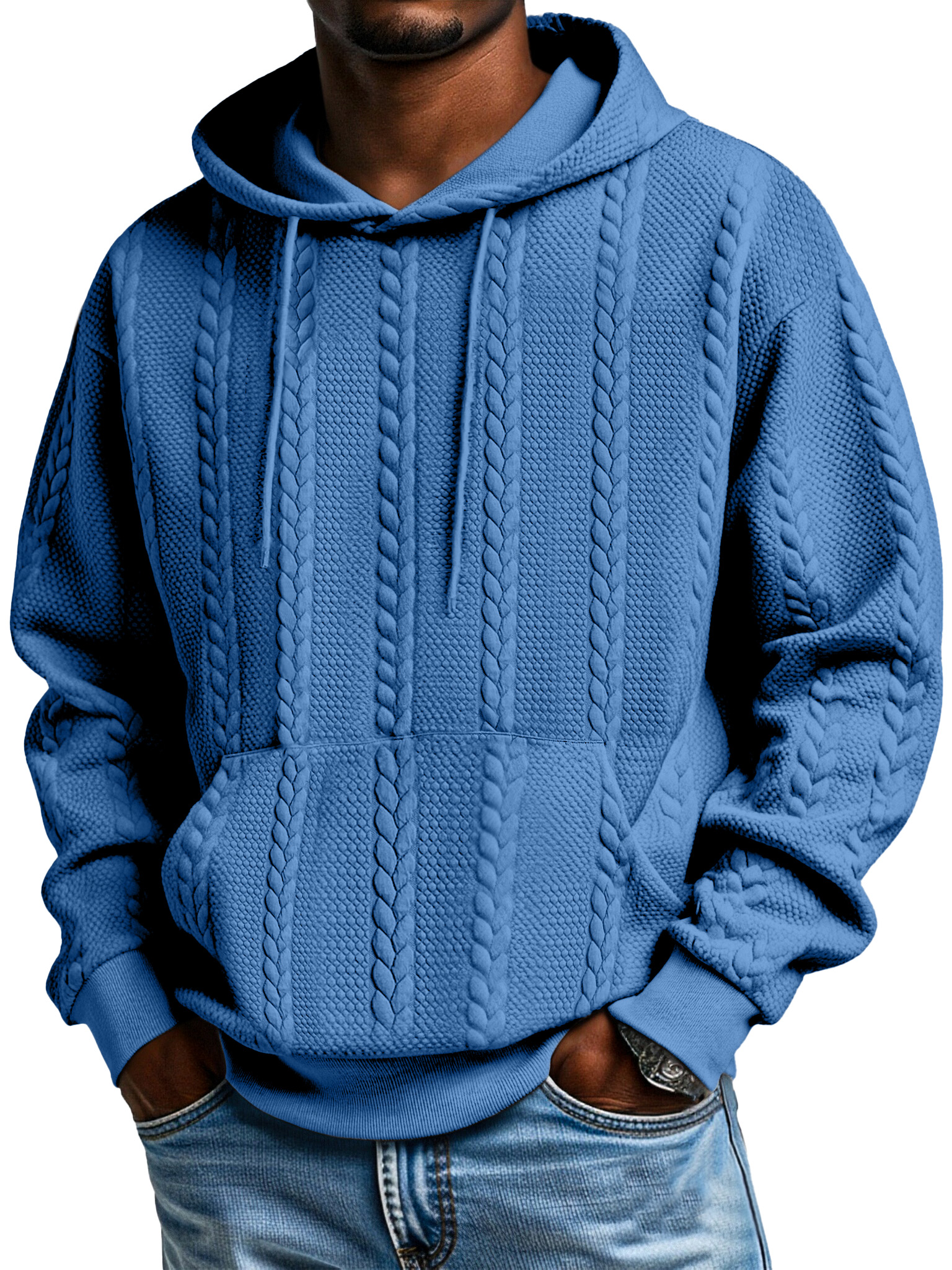 Herren Sweatshirt mit Kapuze und langen Ärmeln in einfarbigem Jacquard-Design mit Kängurutasche-ZierMode