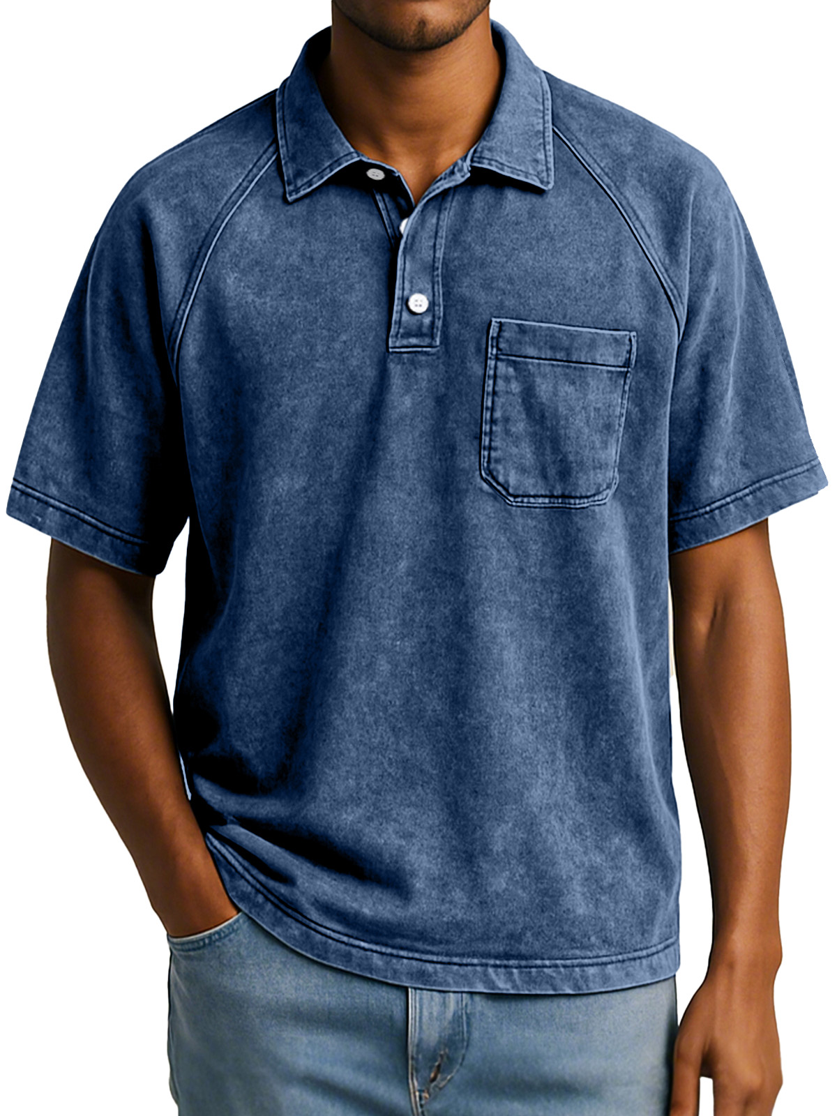 Herren Retro Freizeit Raglan Kurzarm Kragen Knopf Polohemd-deurabatt