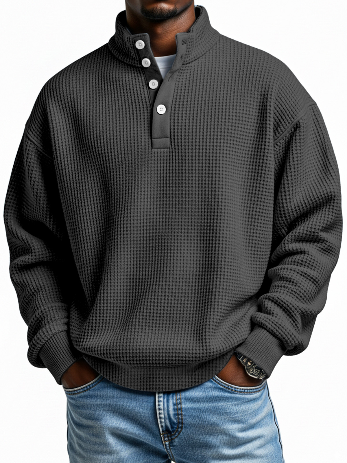 Täglicher einfacher lässiger einfarbiger Waffelstruktur Langarm-Sweatshirt mit vier Knöpfen und Stehkragen-ZierMode