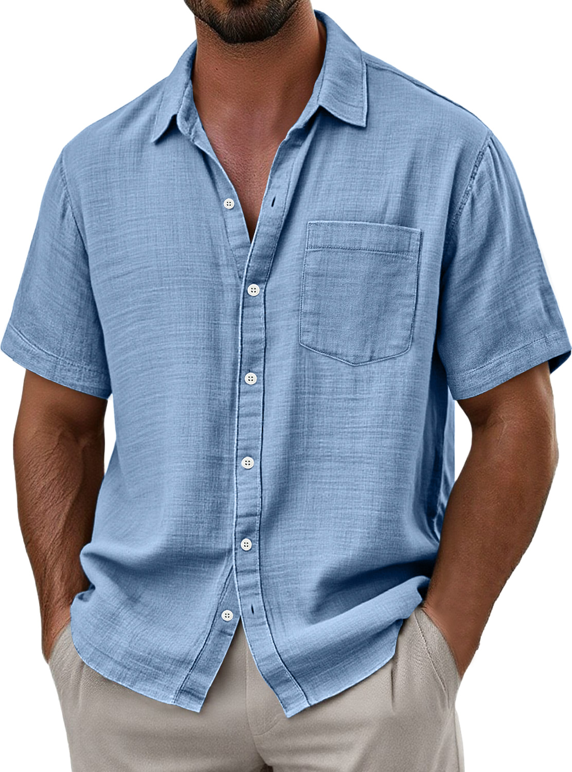 Herren Tägliches Imitat Leinen Lässiges Taschen Bequemes Einfarbiges Kurzarmhemd-deurabatt