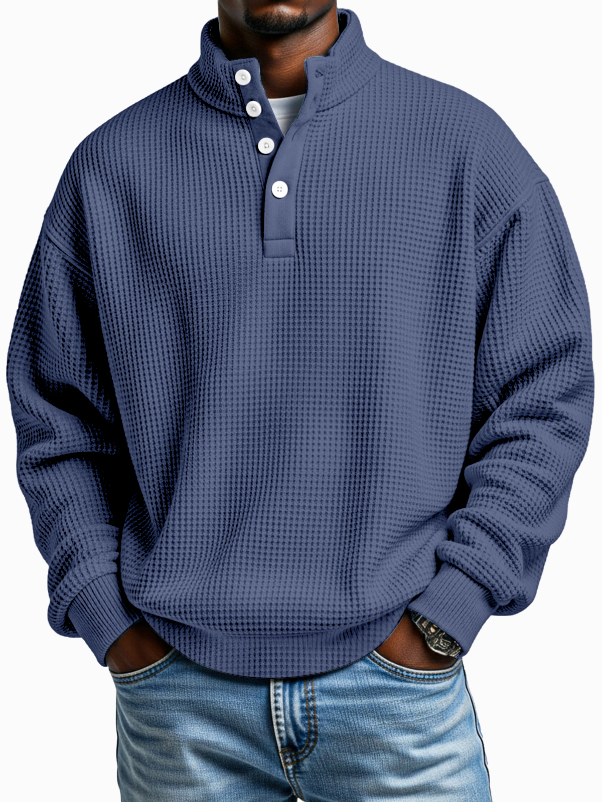 Täglicher einfacher lässiger einfarbiger Waffelstruktur Langarm-Sweatshirt mit vier Knöpfen und Stehkragen-ZierMode