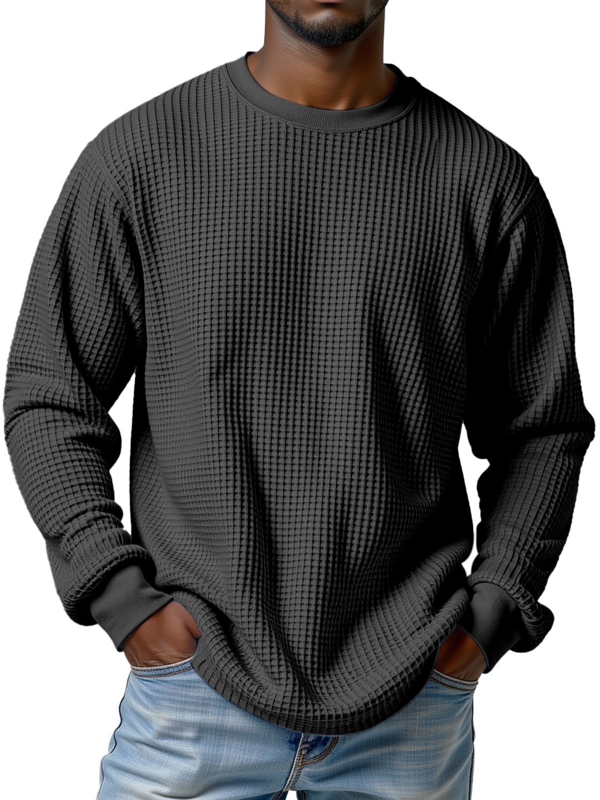 Herren Freizeit Einfarbiger Waffel Rundhals Langarm T-Shirt-deurabatt