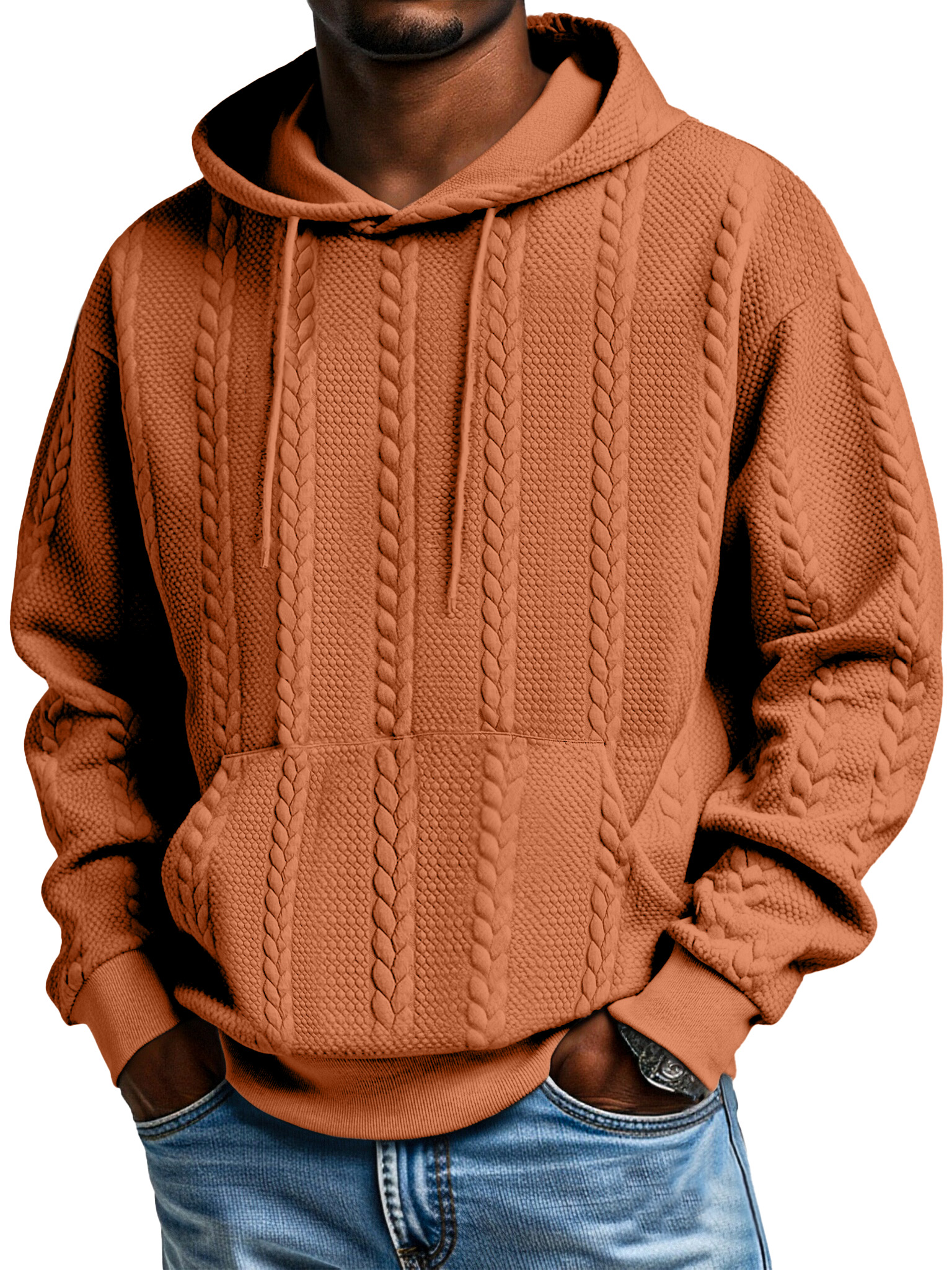 Herren Sweatshirt mit Kapuze und langen Ärmeln in einfarbigem Jacquard-Design mit Kängurutasche-ZierMode