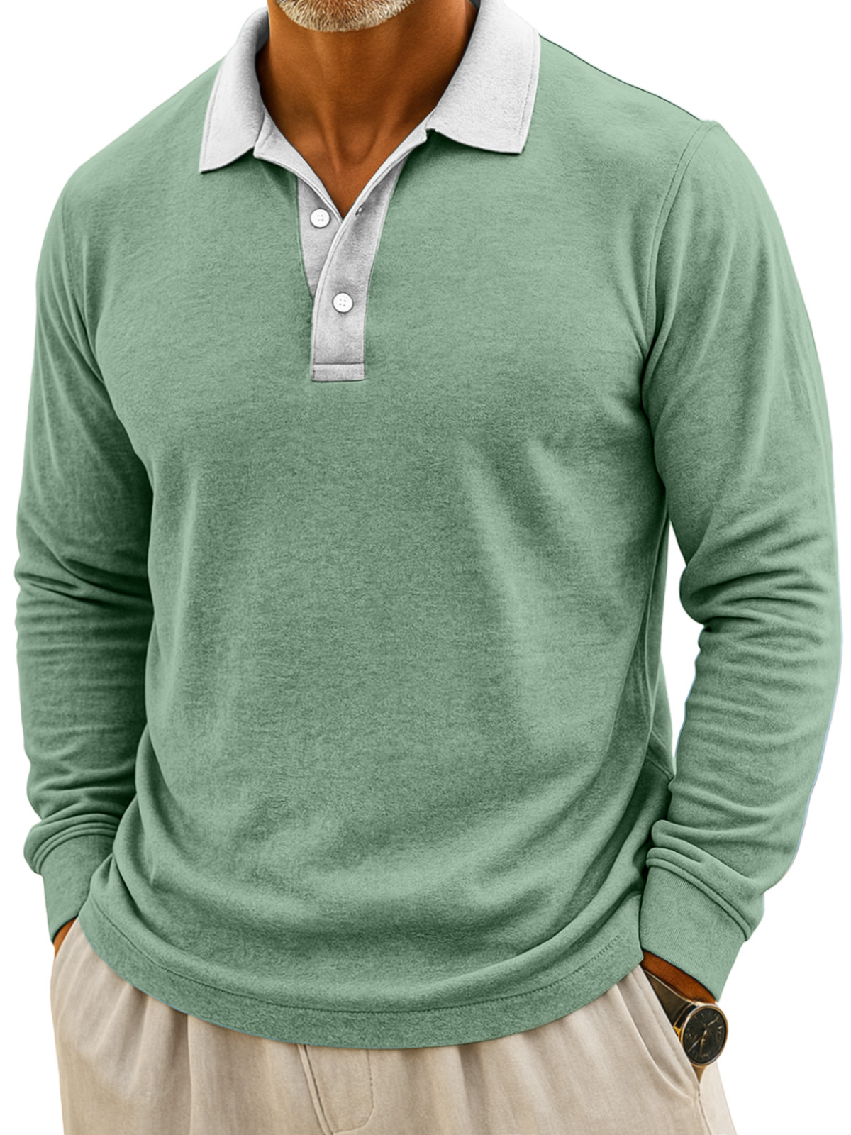 Herren Einfaches Lässiges Farbblockdesign Knopf Langarm Polohemd-deurabatt