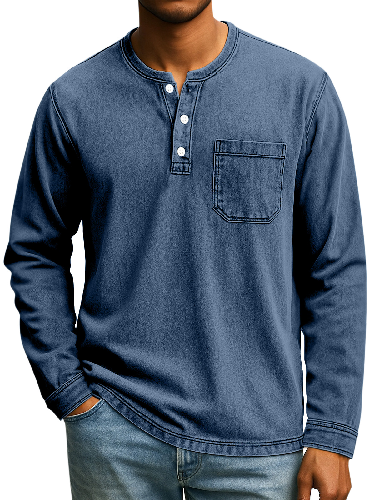 Herren Retro Alltag Lässiges Einfarbiges Lockeres Langarm-Henley-Shirt-deurabatt
