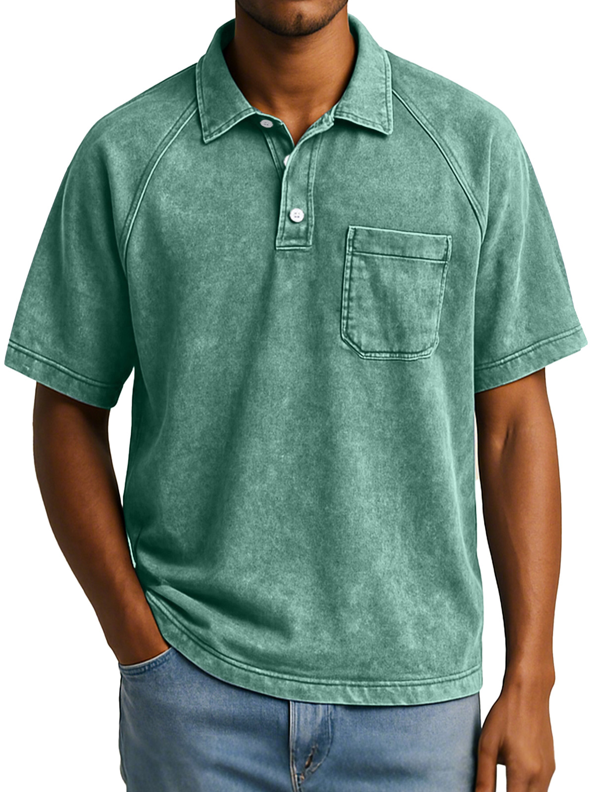 Herren Retro Freizeit Raglan Kurzarm Kragen Knopf Polohemd-deurabatt