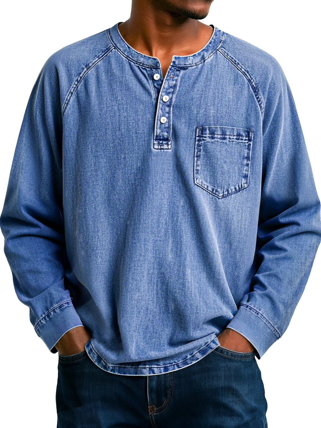 Herren Retro Raglan Tasche Lässiges Langarm-Henley-Shirt-deurabatt