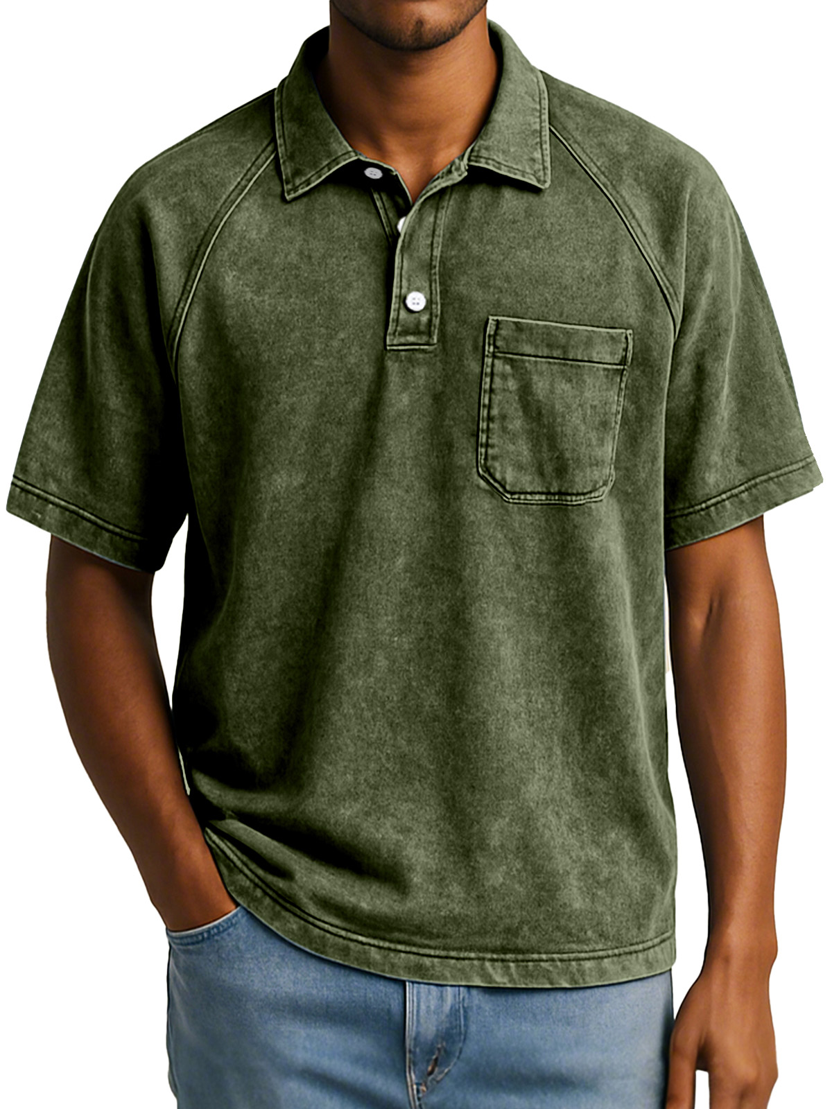 Herren Retro Freizeit Raglan Kurzarm Kragen Knopf Polohemd-deurabatt
