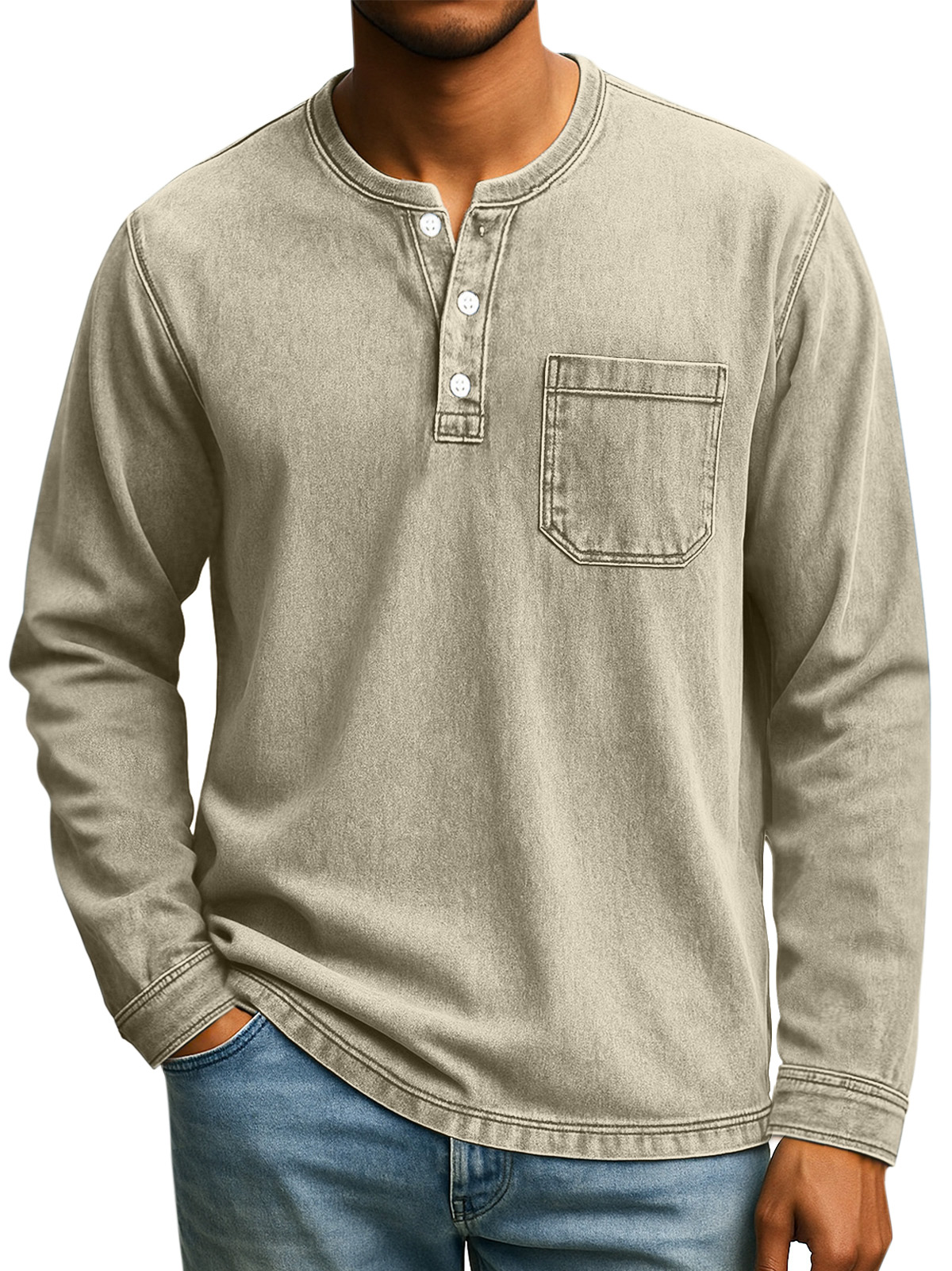 Herren Retro Alltag Lässiges Einfarbiges Lockeres Langarm-Henley-Shirt-deurabatt