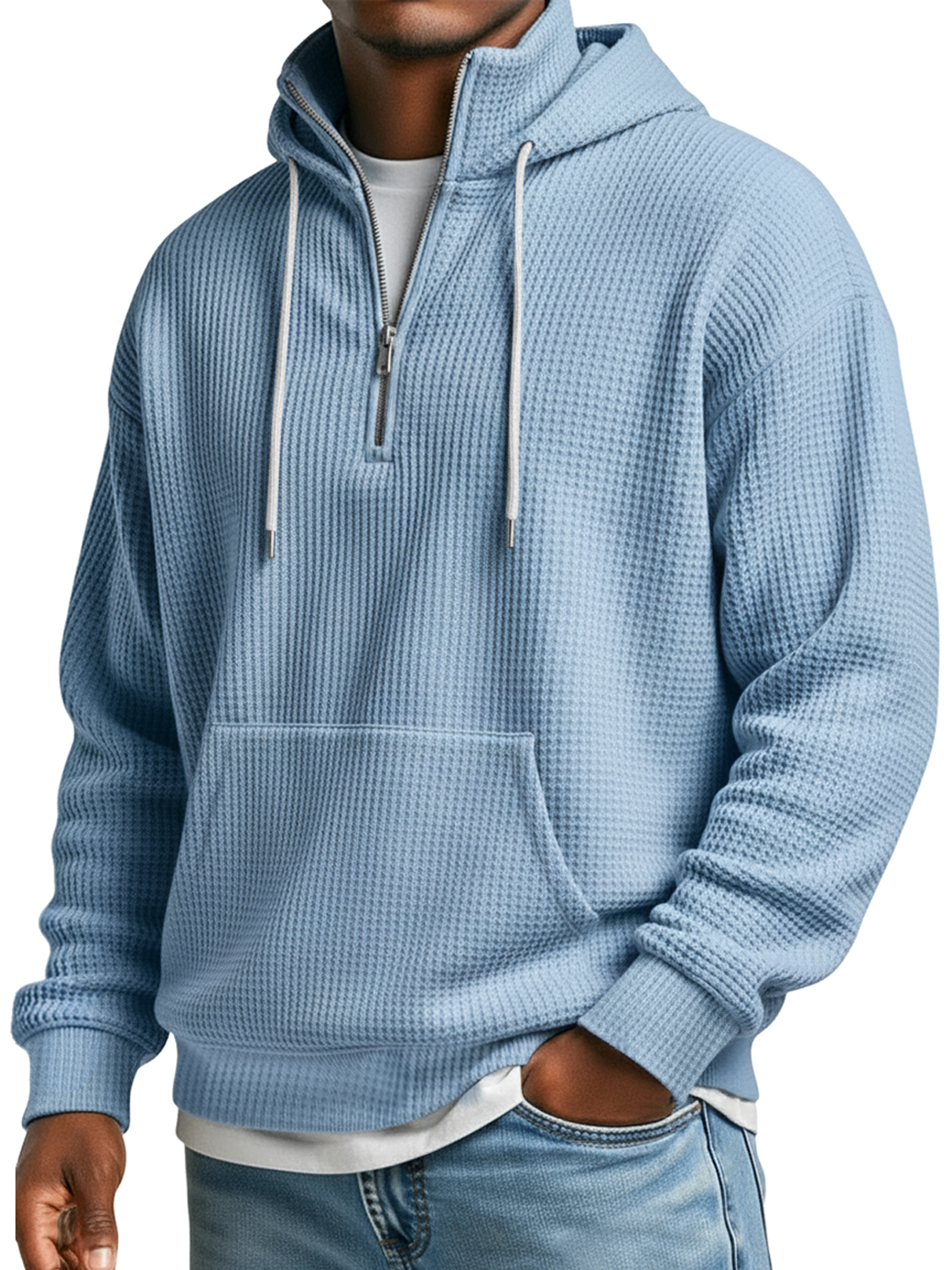 Herren Waffelkragen Reißverschluss Lässiger Lockere Kapuzenpullover-deurabatt