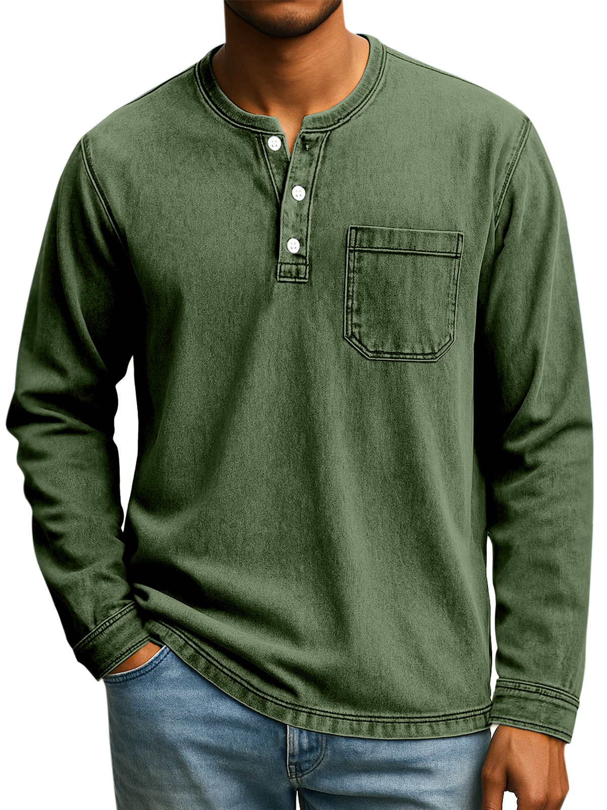 Herren Retro Alltag Lässiges Einfarbiges Lockeres Langarm-Henley-Shirt-deurabatt