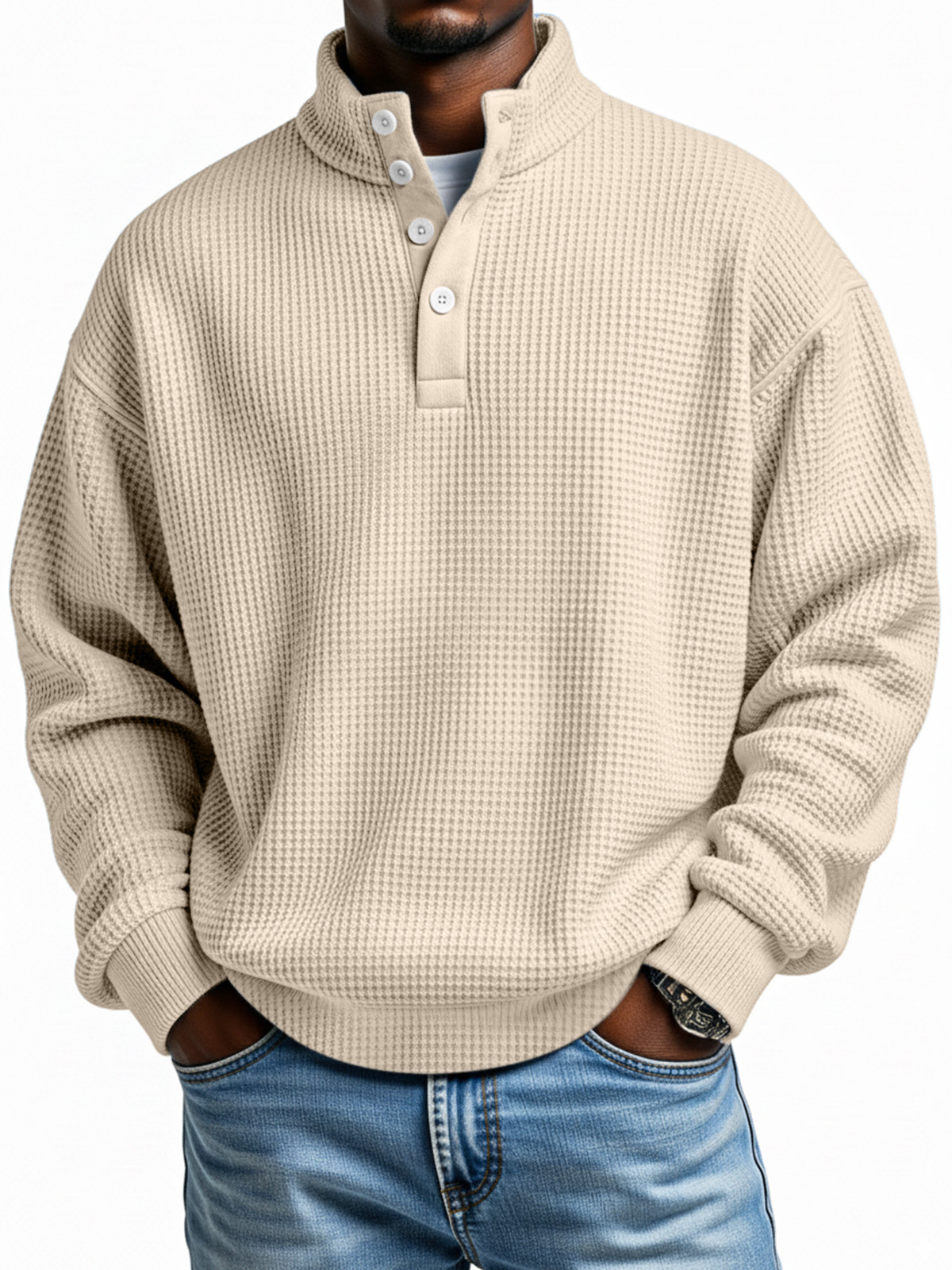 Täglicher einfacher lässiger einfarbiger Waffelstruktur Langarm-Sweatshirt mit vier Knöpfen und Stehkragen-ZierMode