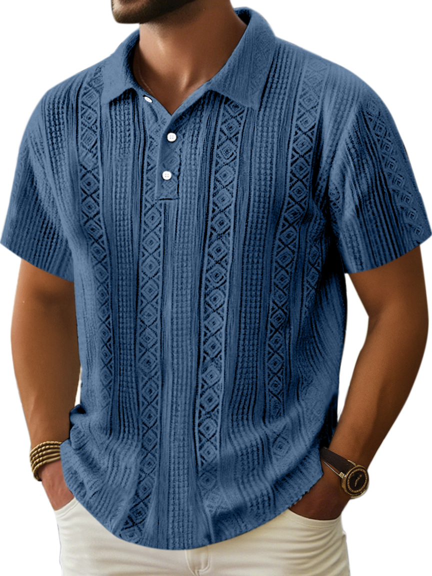 Herren Bequeme Einfarbige Textur Kurzarm Lel Polo Shirt-deurabatt