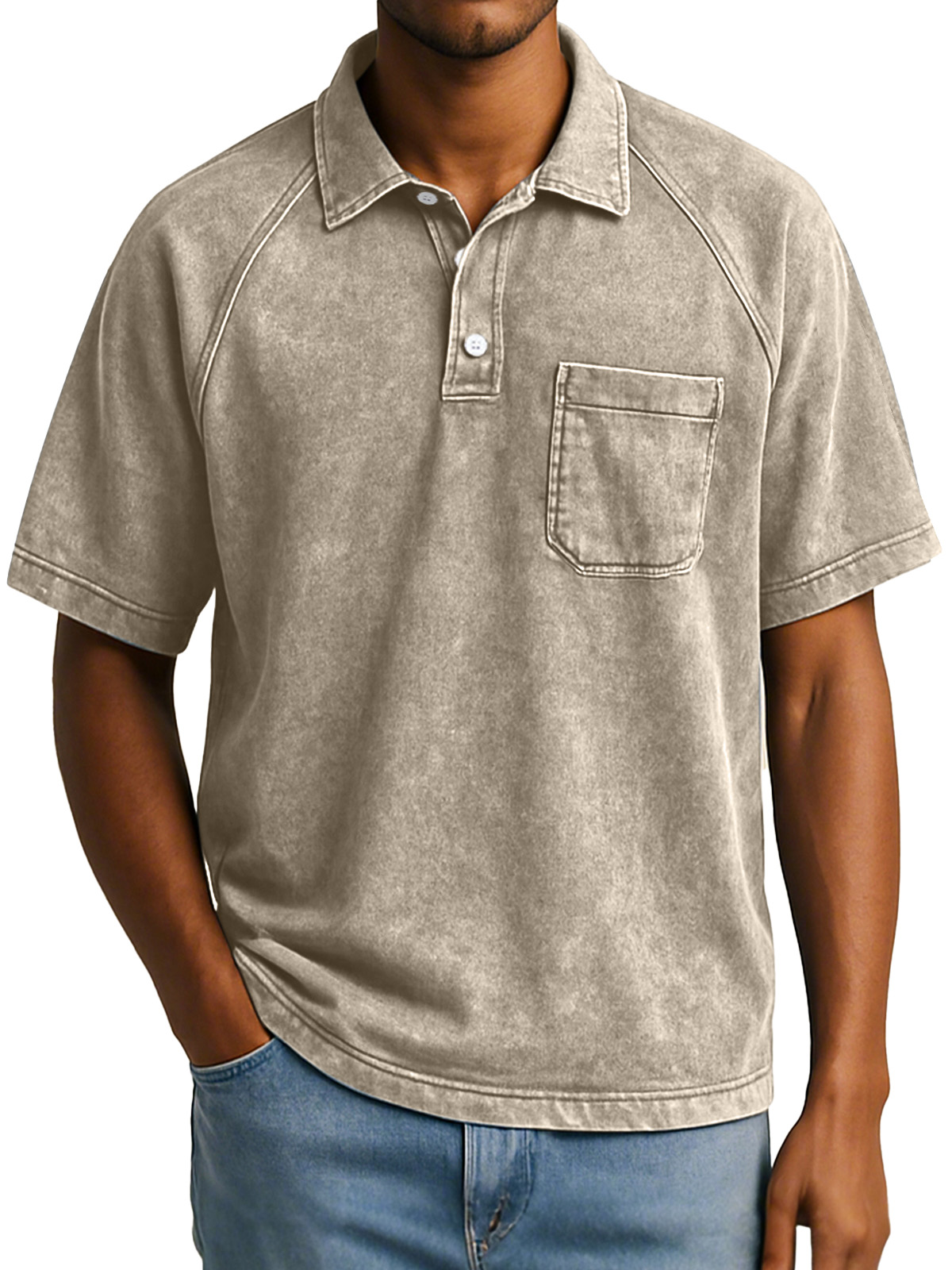 Herren Retro Freizeit Raglan Kurzarm Kragen Knopf Polohemd-deurabatt