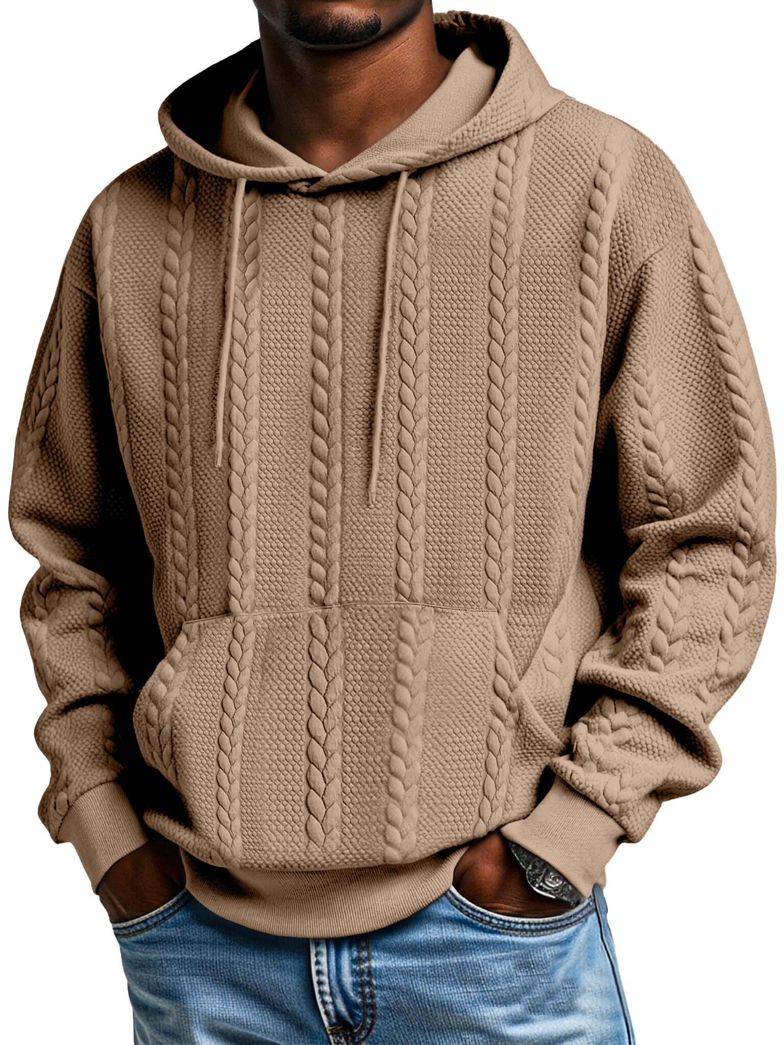 Herren Sweatshirt mit Kapuze und langen Ärmeln in einfarbigem Jacquard-Design mit Kängurutasche-ZierMode