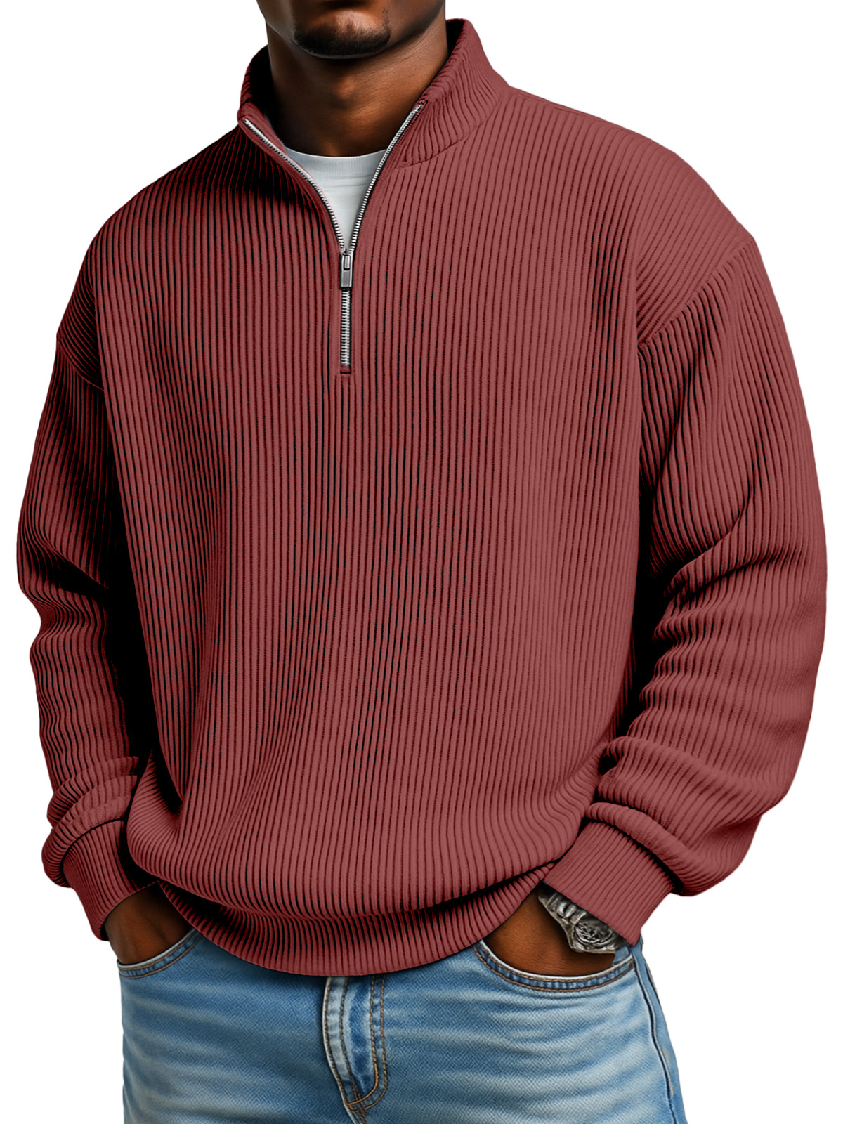 Herren Pullover mit Stehkragen, Reißverschluss, langen Ärmeln und vertikaler Pit-Textur in einfarbig.-deurabatt