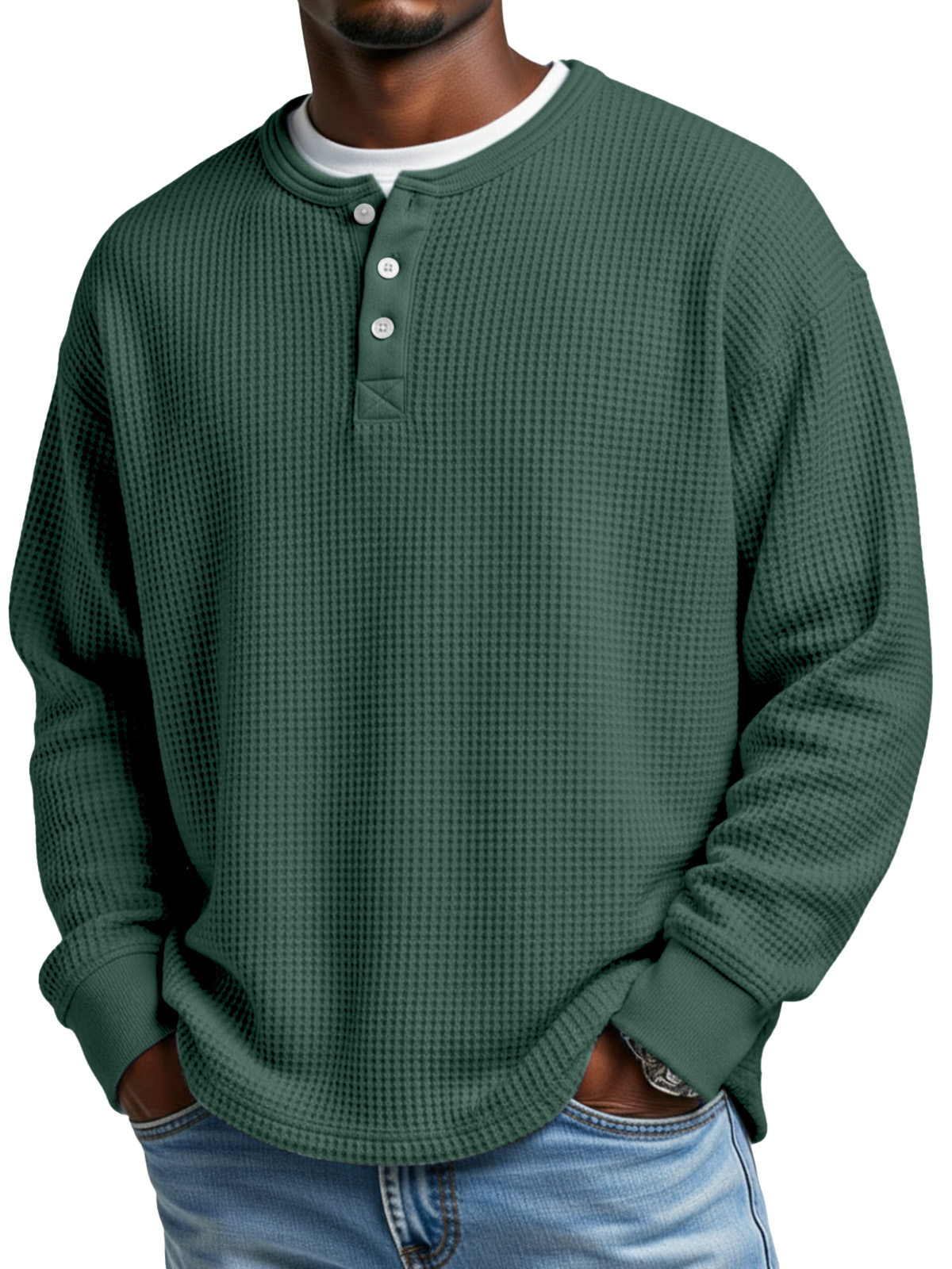 Herren Alltags Locker Einfach Waffel Knopf Langarm Henley Shirt-deurabatt
