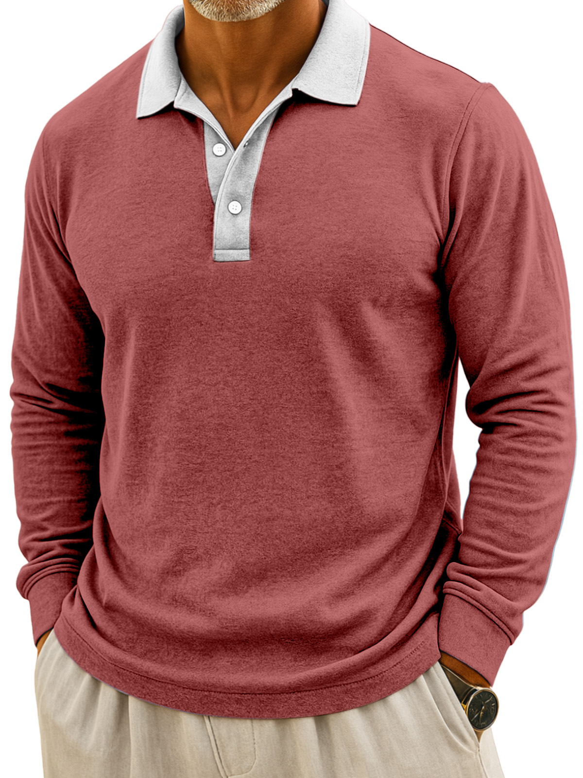 Herren Einfaches Lässiges Farbblockdesign Knopf Langarm Polohemd-deurabatt