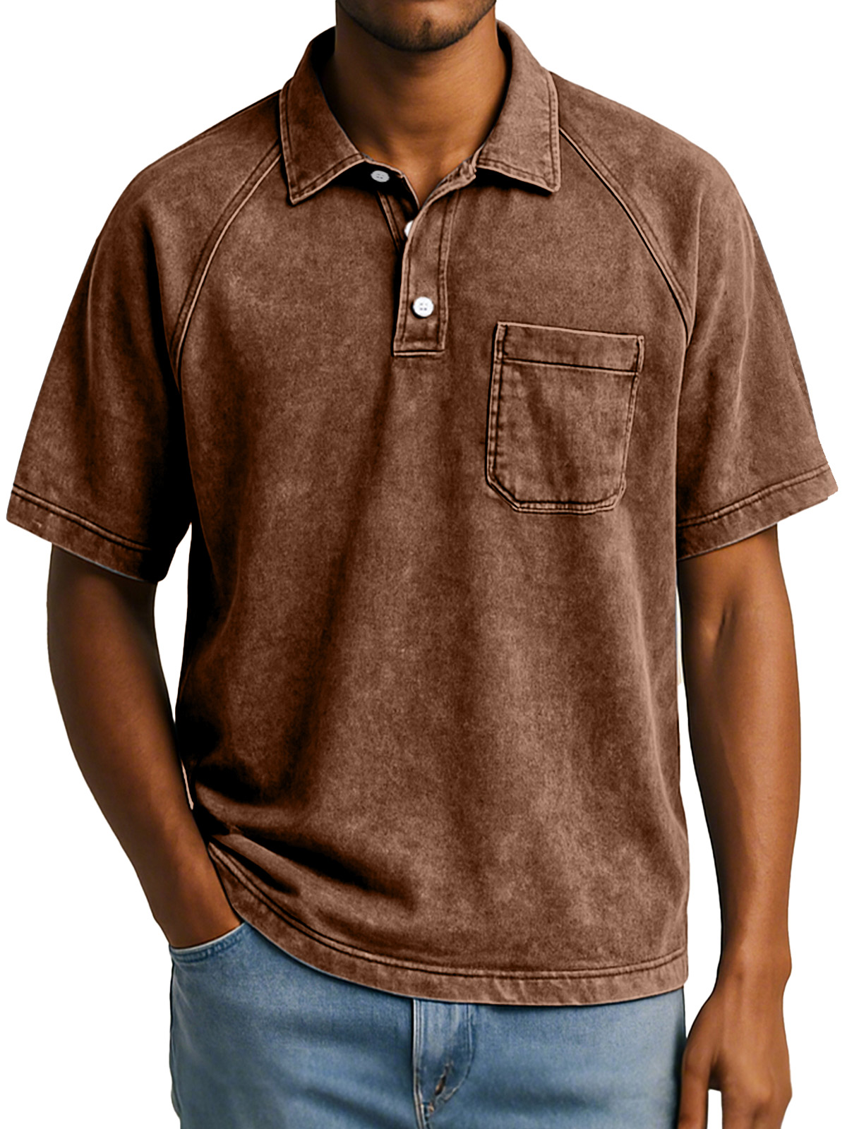 Herren Retro Freizeit Raglan Kurzarm Kragen Knopf Polohemd-deurabatt