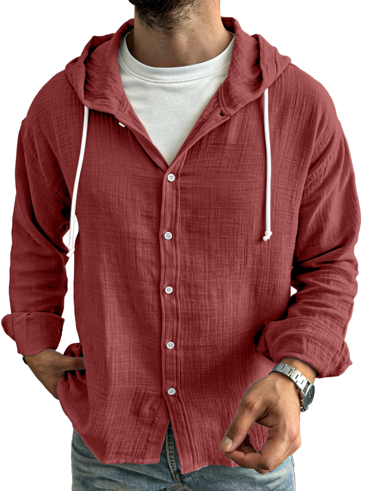 Herren einfache lässige bequeme lockere knöpfbare Kapuzenlangarmshirt-deurabatt