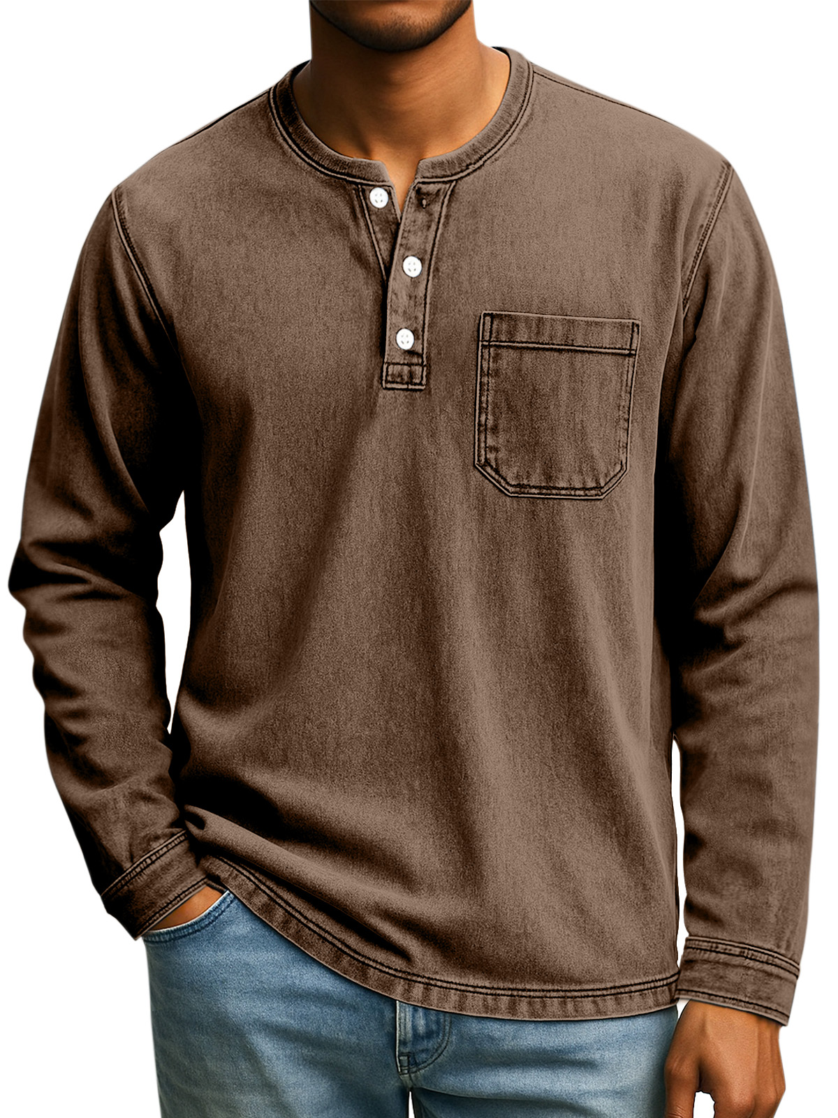 Herren Retro Alltag Lässiges Einfarbiges Lockeres Langarm-Henley-Shirt-deurabatt