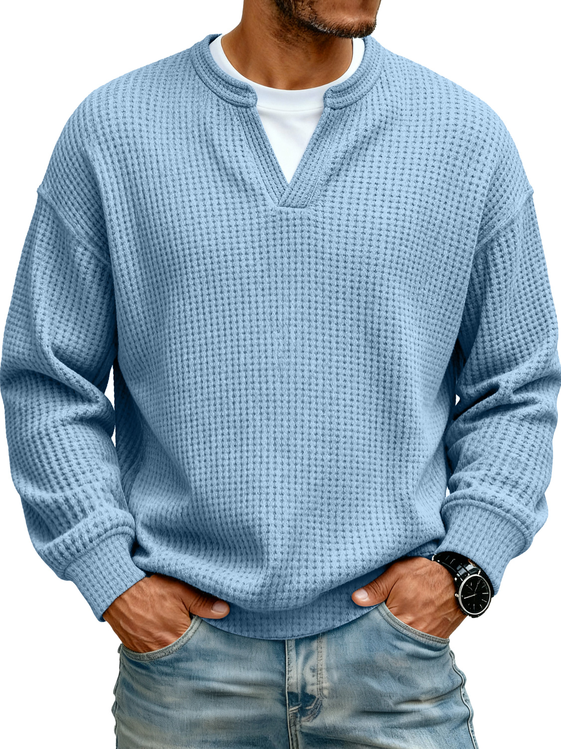 Herren Einfaches Waffel V-Ausschnitt Fake Zweiteiliges Lässiges Langarm-T-Shirt-deurabatt