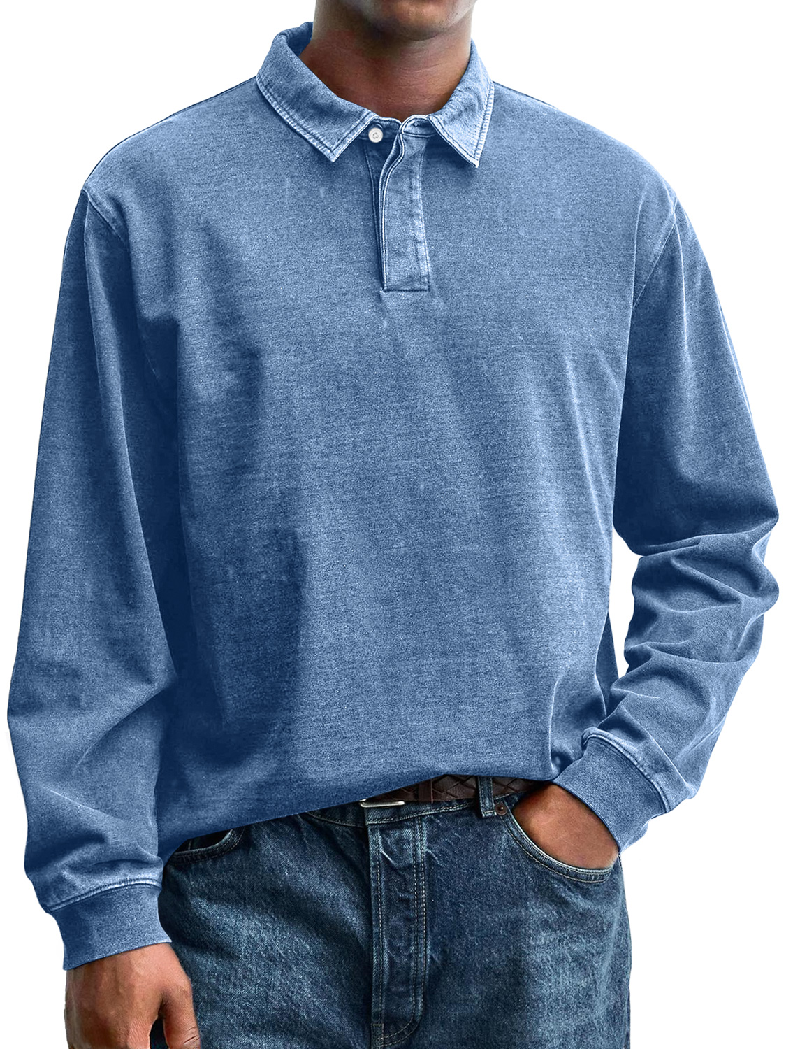 Herren Retro Alltag Kragen Knopf Lässig Langarm Polohemd-deurabatt