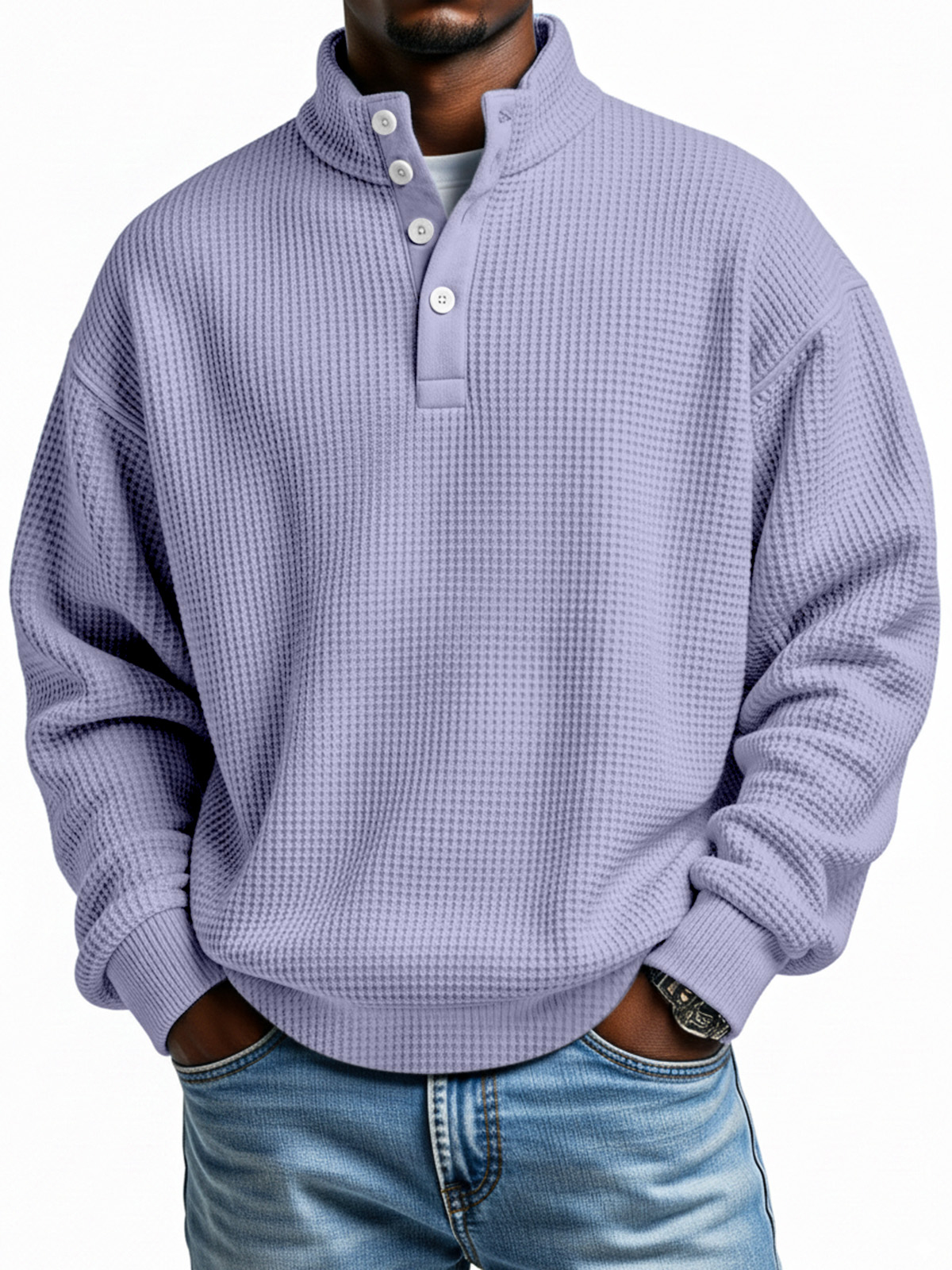Täglicher einfacher lässiger einfarbiger Waffelstruktur Langarm-Sweatshirt mit vier Knöpfen und Stehkragen-ZierMode