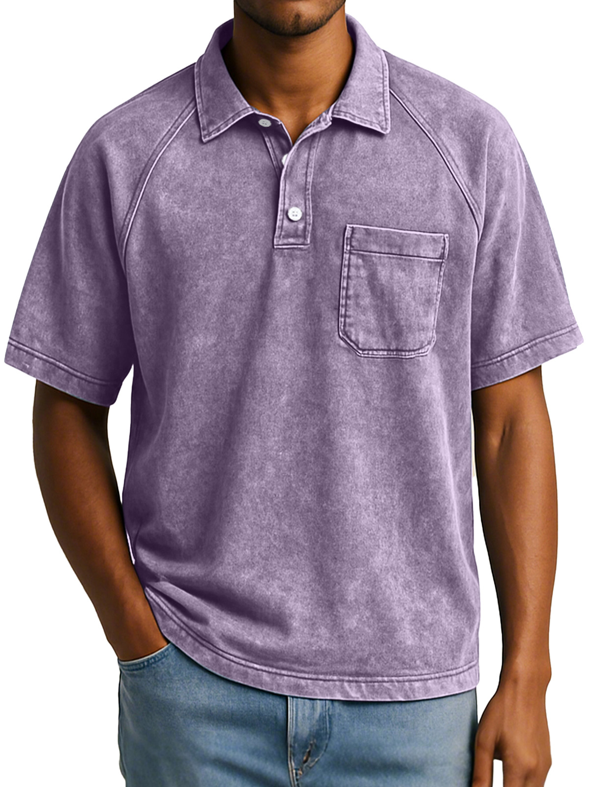 Herren Retro Freizeit Raglan Kurzarm Kragen Knopf Polohemd-deurabatt