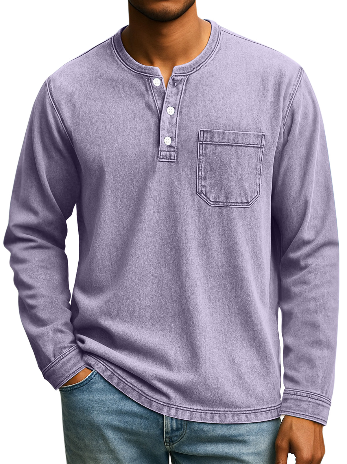 Herren Retro Alltag Lässiges Einfarbiges Lockeres Langarm-Henley-Shirt-deurabatt