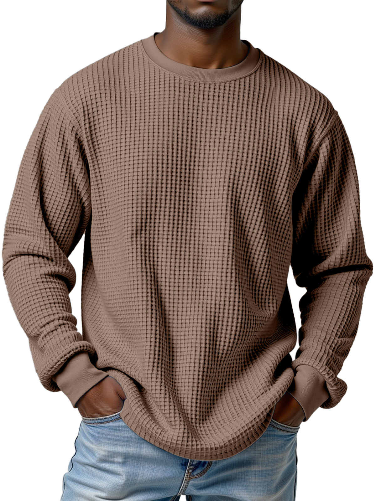 Herren Freizeit Einfarbiger Waffel Rundhals Langarm T-Shirt-deurabatt