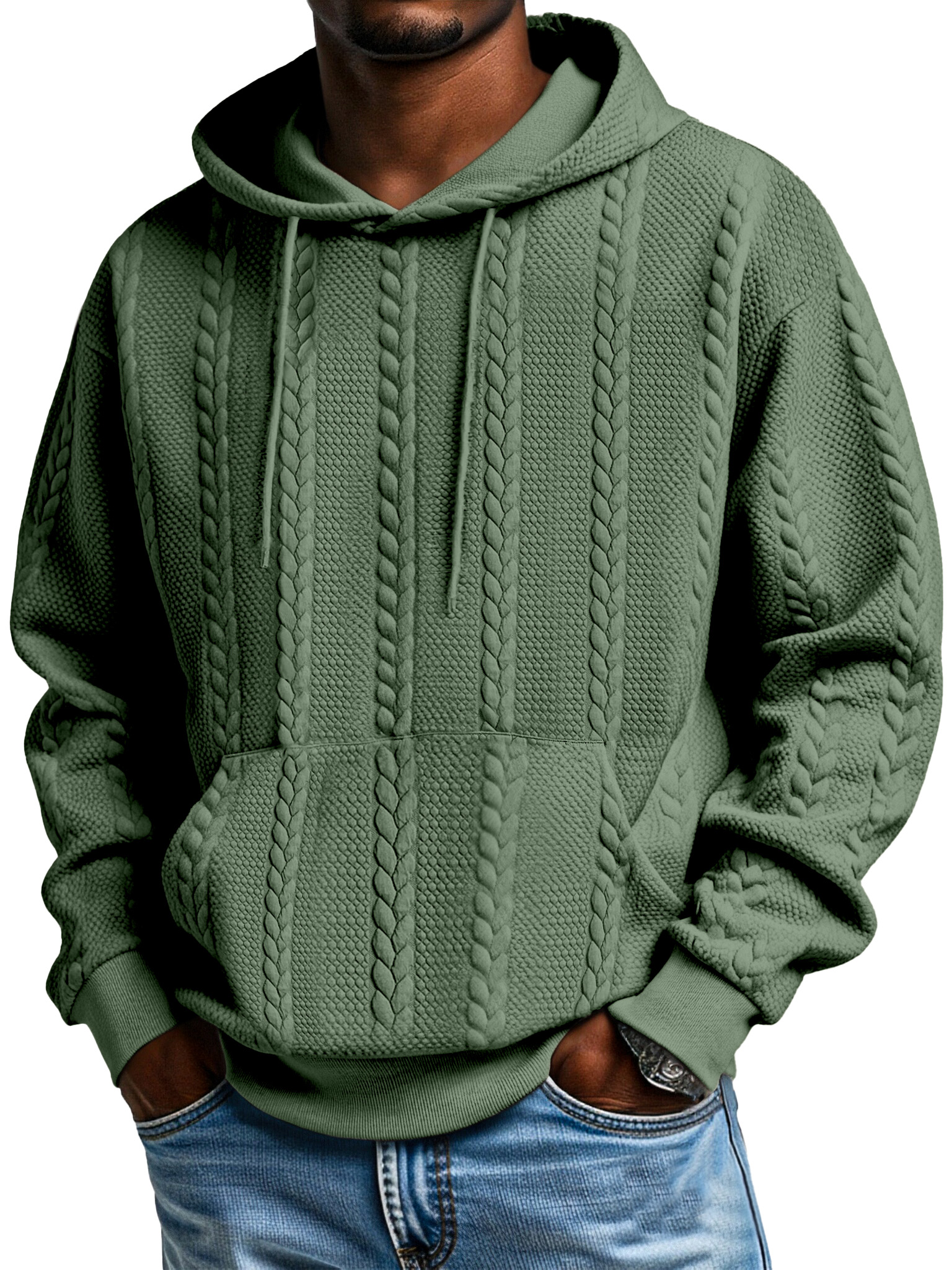 Herren Sweatshirt mit Kapuze und langen Ärmeln in einfarbigem Jacquard-Design mit Kängurutasche-ZierMode