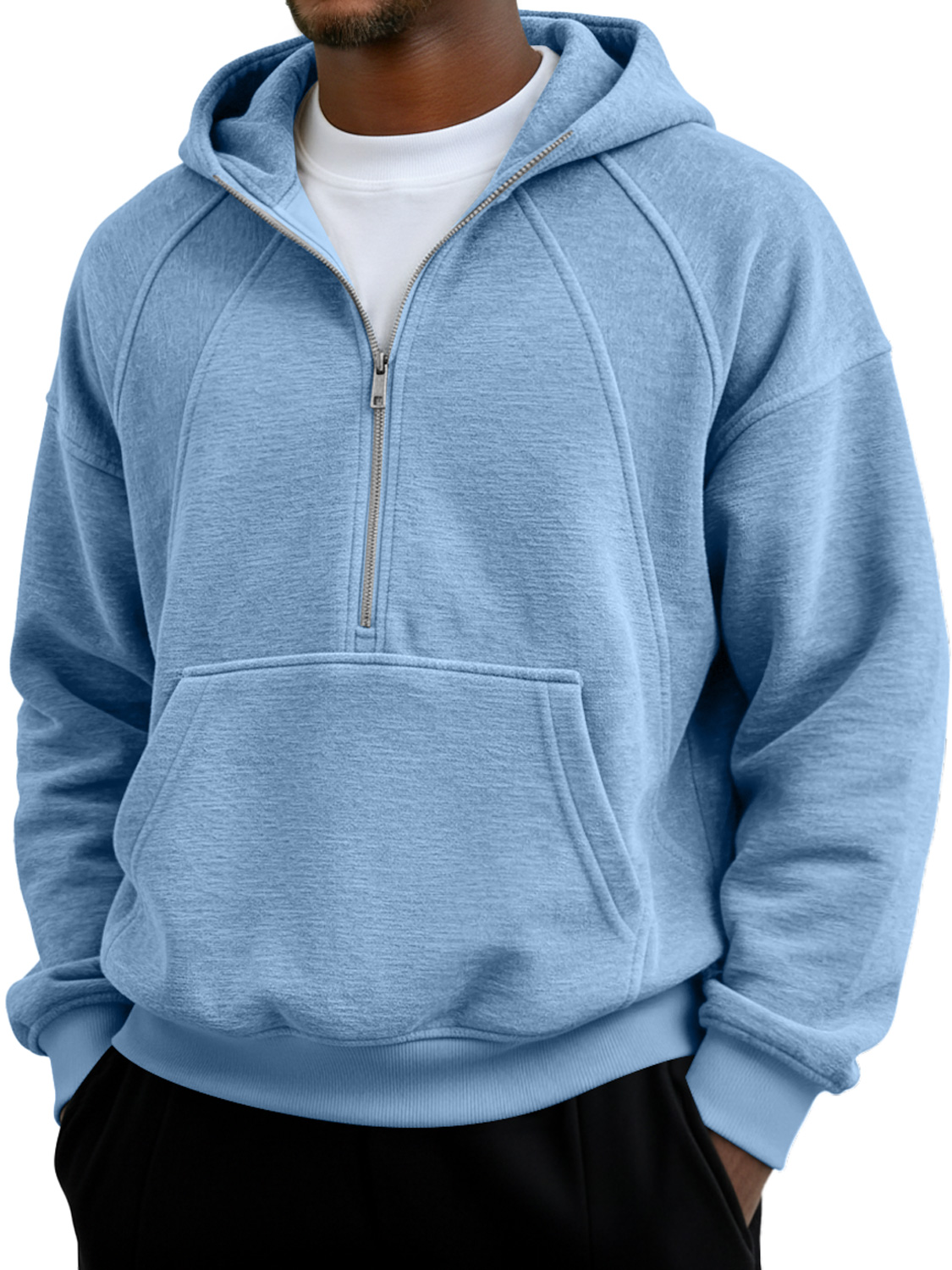Herren Einfaches Raglanärmel Patchwork Reißverschluss Kapuzen Freizeit Tasche Sweatshirt-deurabatt