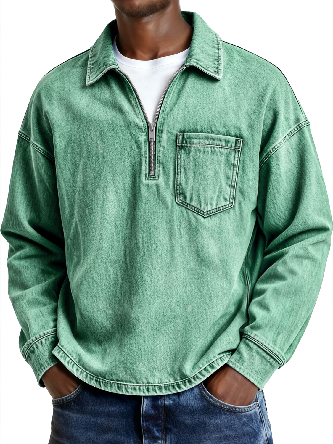 Herren Retro Revers Reißverschluss Freizeit Taschen Langarm Polohemd-deurabatt