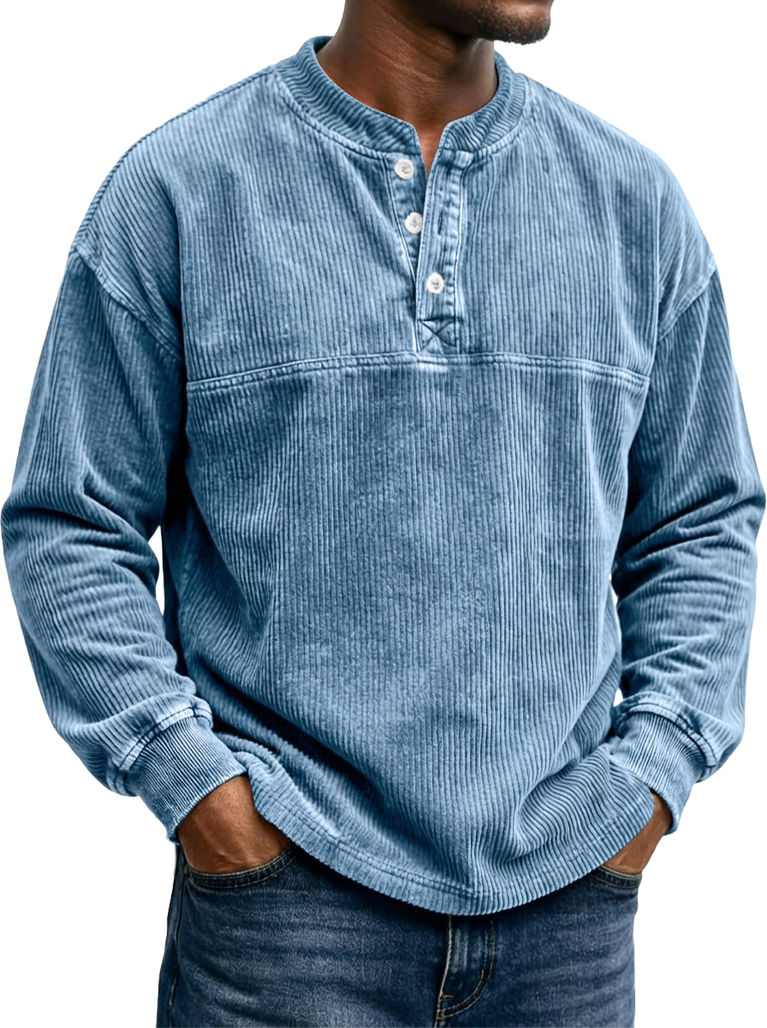 Herren Vintage Corduroy Langarm-Henley-Shirt mit einem stilvollen Design-deurabatt
