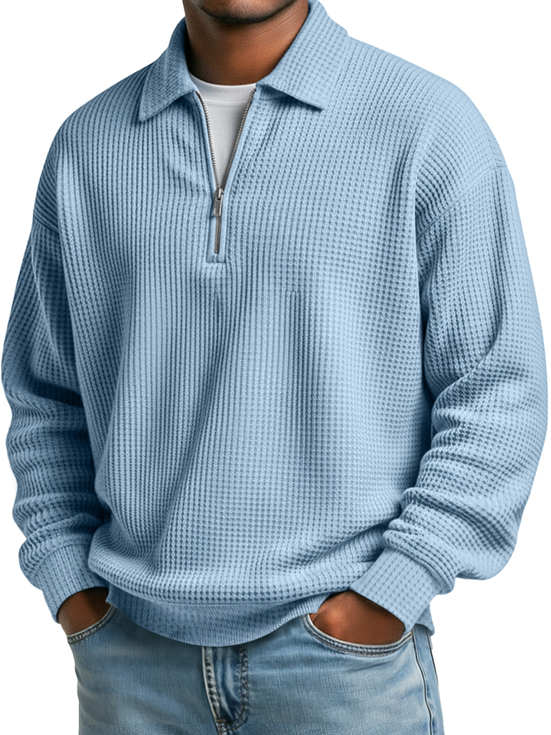 Einfaches Waffelkragen Reißverschluss Freizeit Poloshirt in einfarbig-deurabatt