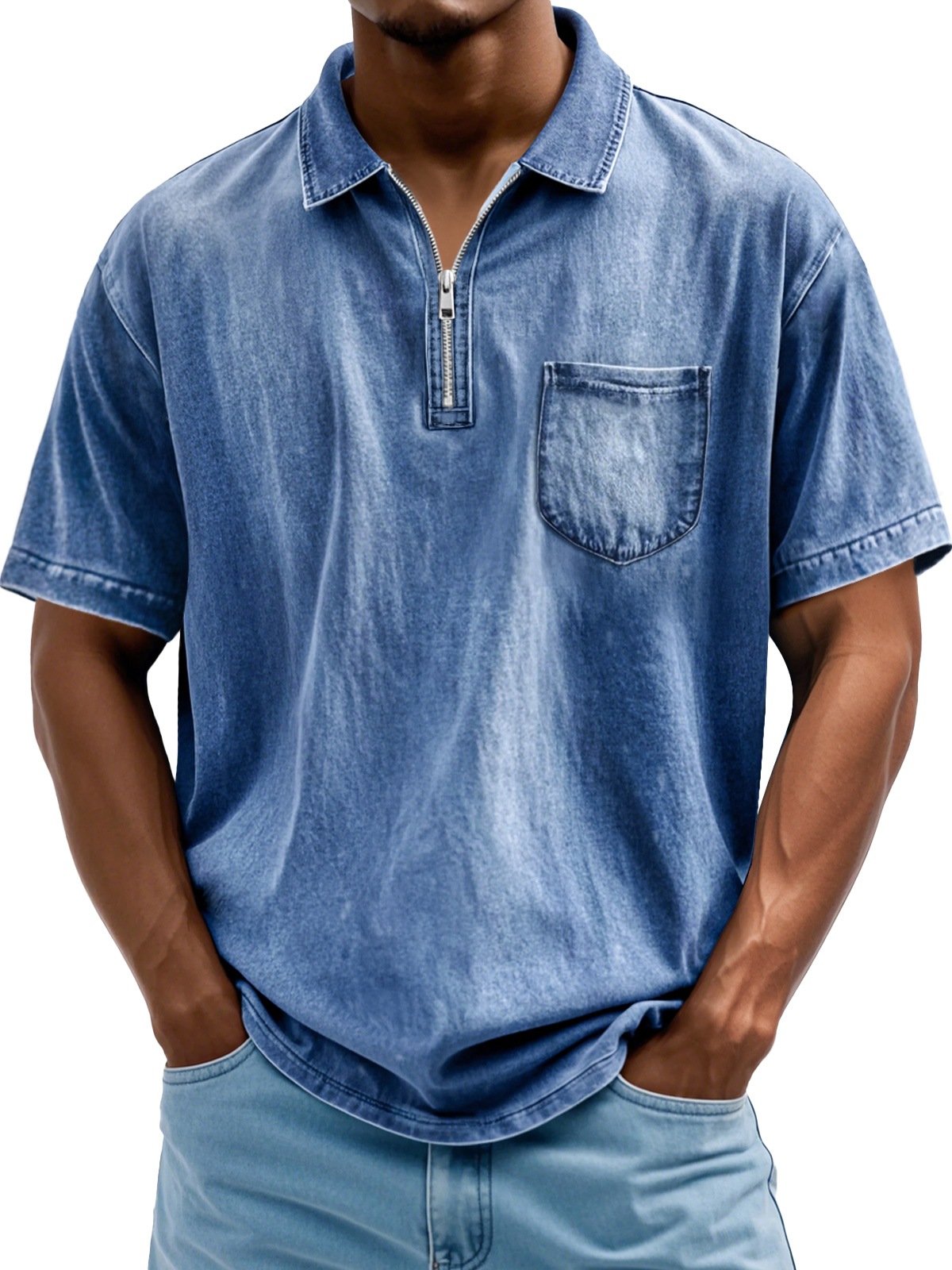 Herrenmode Retro Revers Reißverschluss Freizeit Kurzarm POLO Hemd-deurabatt
