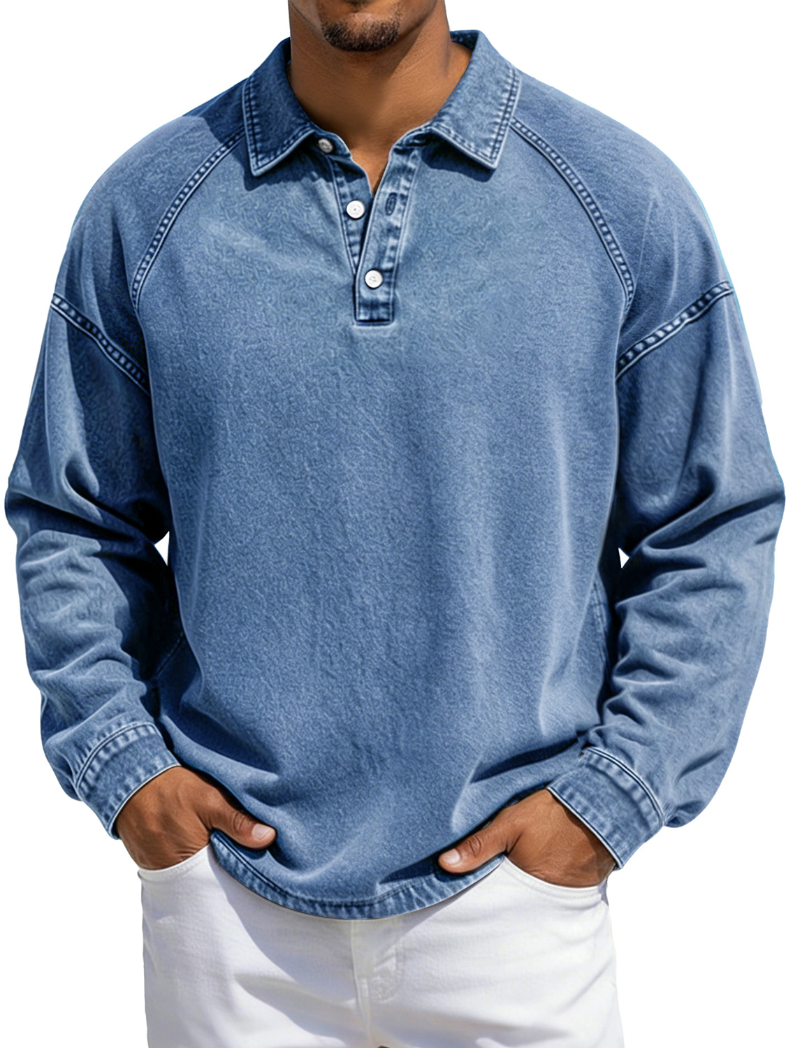Herren Vintage-Stil Revers Knopf-auf Raglan Ärmel Freizeit Langarm Polo-Shirt-deurabatt